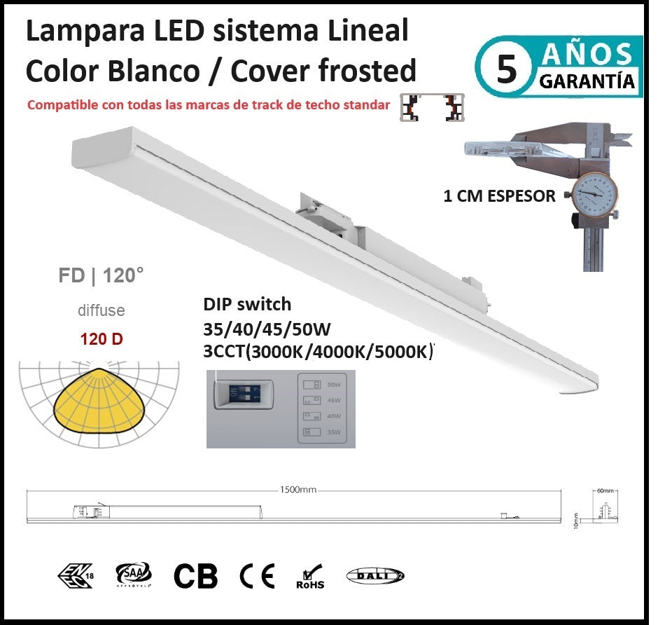 Lampara colgante Lineal comercial 1.5m Blanca frosted 7000lm DIP 35-50W ajustable 3000K/4000K/5000K CRI90 3 Cables AC100-227V