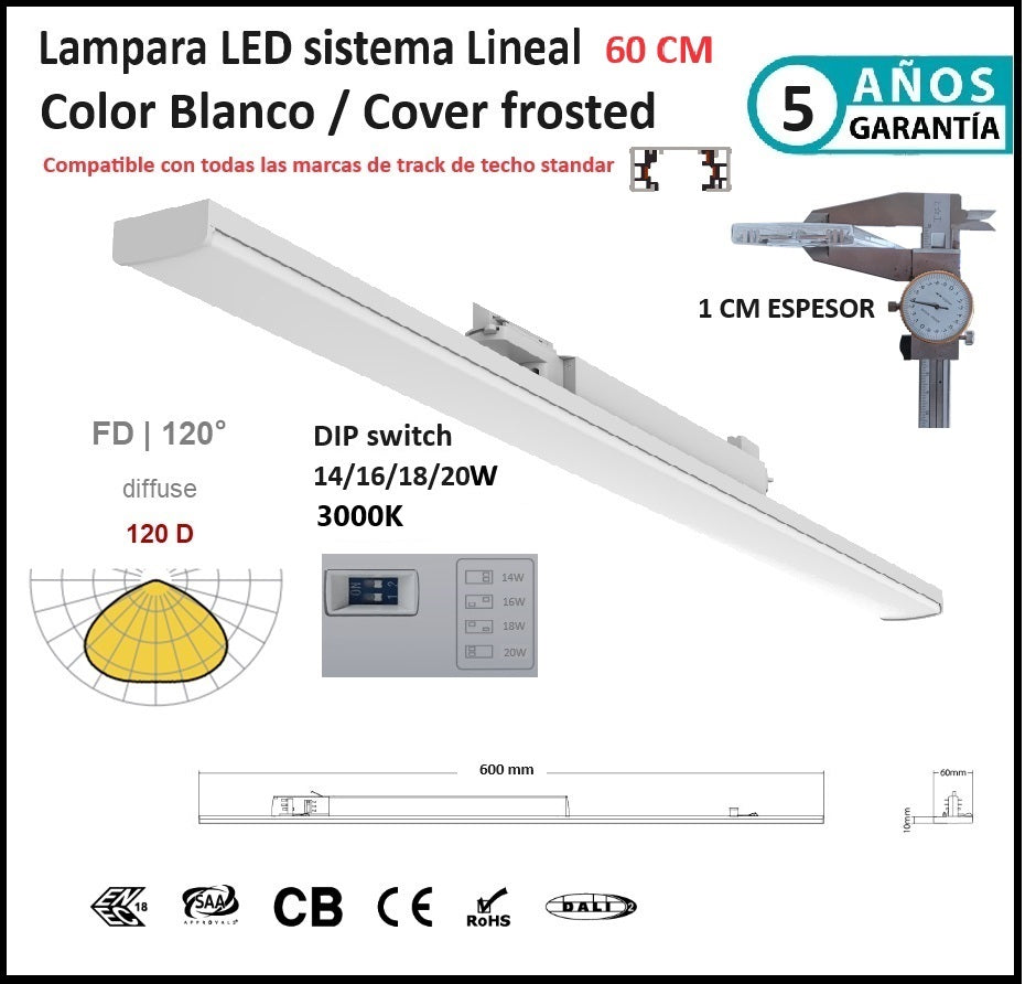 Lampara Lineal colgante comercial 60 cm 3000K Blanca frosted 3200lm 20W DIP ajustable 14/16/18/20W CRI90 3 Cables AC100-227V