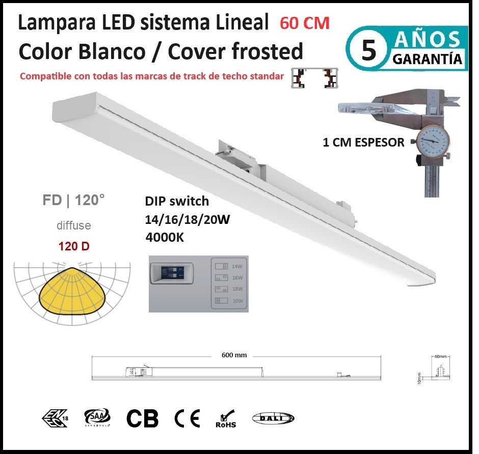 Lampara Lineal 60 cm Blanca frosted 3200lm 20W DIP ajustable 14/16/18/20W 4000K CRI90 3 Cables AC100-227V