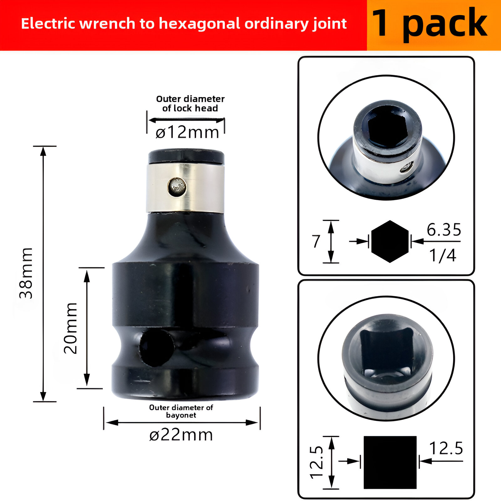 Adaptador de llave hexagonal de ½” a ¼”, color negro