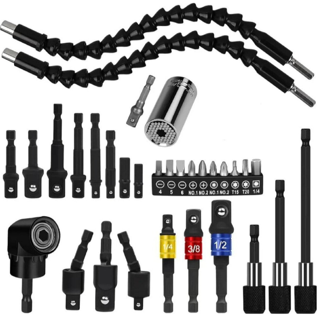 Extensiones de brocas flexibles. Juego de 32 piezas. Incluye accesorios de taladro de ángulo recto de 105°, enchufe de junta giratoria de 1/4”, 3/8” y 1/2”. Kit set