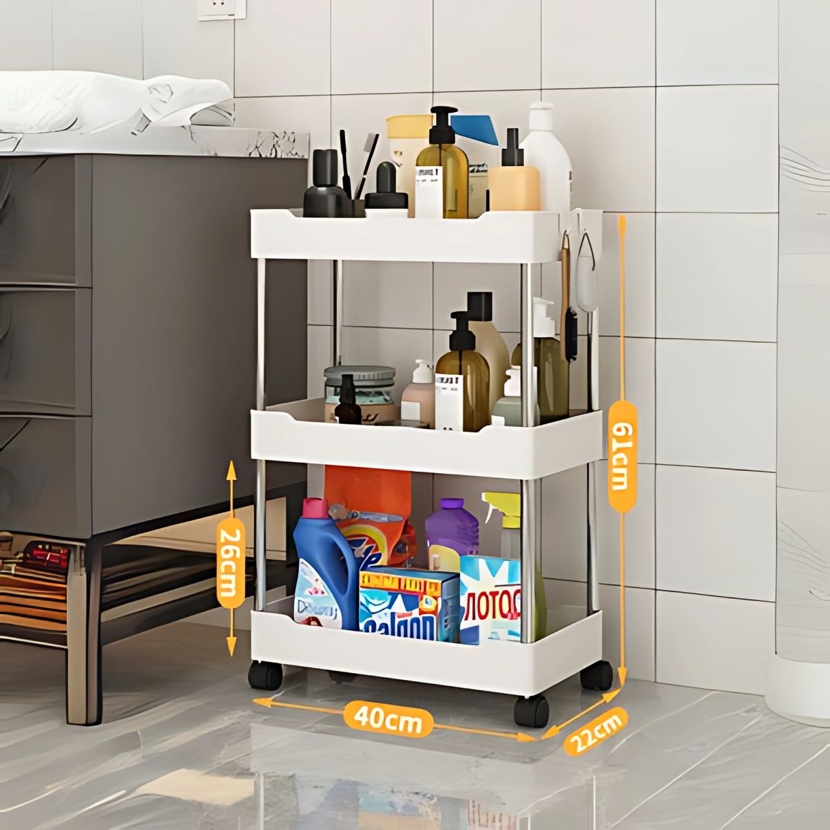 Carrito organizador de 3 niveles. Color blanco. Anaquel multiusos de almacenaje con ruedas. Estante