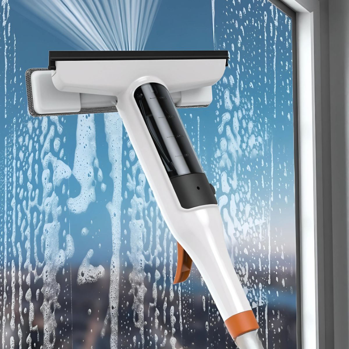 Limpiador de vidrios con atomizador integrado. Limpia ventanas de silicona con spray. Multiángulos. Escobilla.