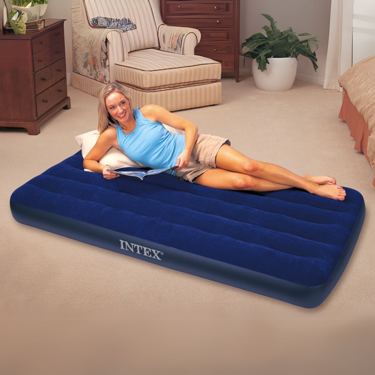 Colchón inflable Individual Intex. 191cm x 76cm x 25cm. Tamaño twin. Compacto y cómodo. (incluye bomba)