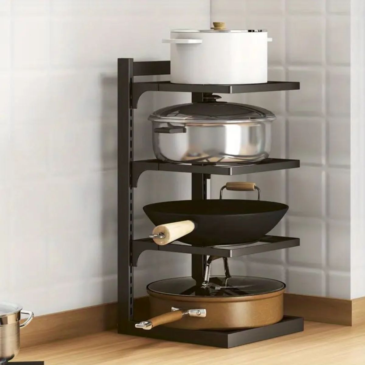 Estante organizador vertical. Ideal para ollas y sartenes. Estantería ajustable de 4 niveles. Repisa de Almacenamiento.