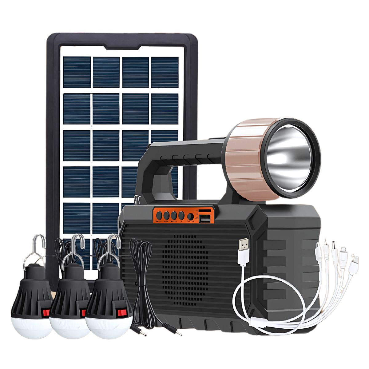 Estación de Energía Solar Portátil Multifuncional. Luz de Alta Potencia para Exteriores e Iluminación Interior. Sistema con panel solar. Power bank bateria respaldo incluye bocina