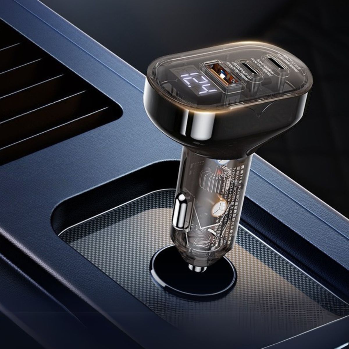 Cargador Rápido para Auto 72w 3 Puertos - USB y Type-C (36W) con Pantalla Digital. Adaptador para carros.