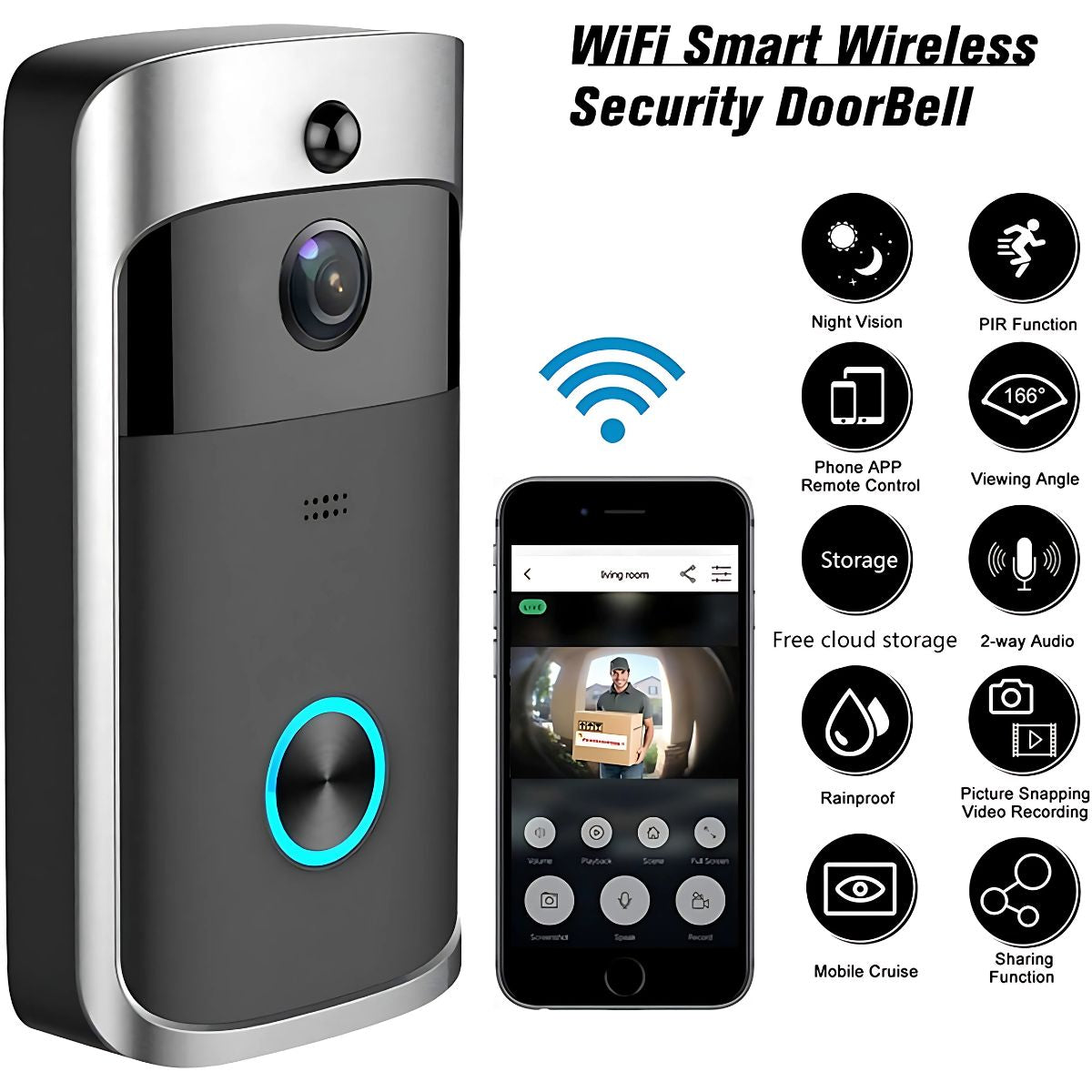 Timbre inalámbrico inteligente con cámara. Con visión nocturna y detección de movimiento. Intercomunicador para el hogar. 2.4G