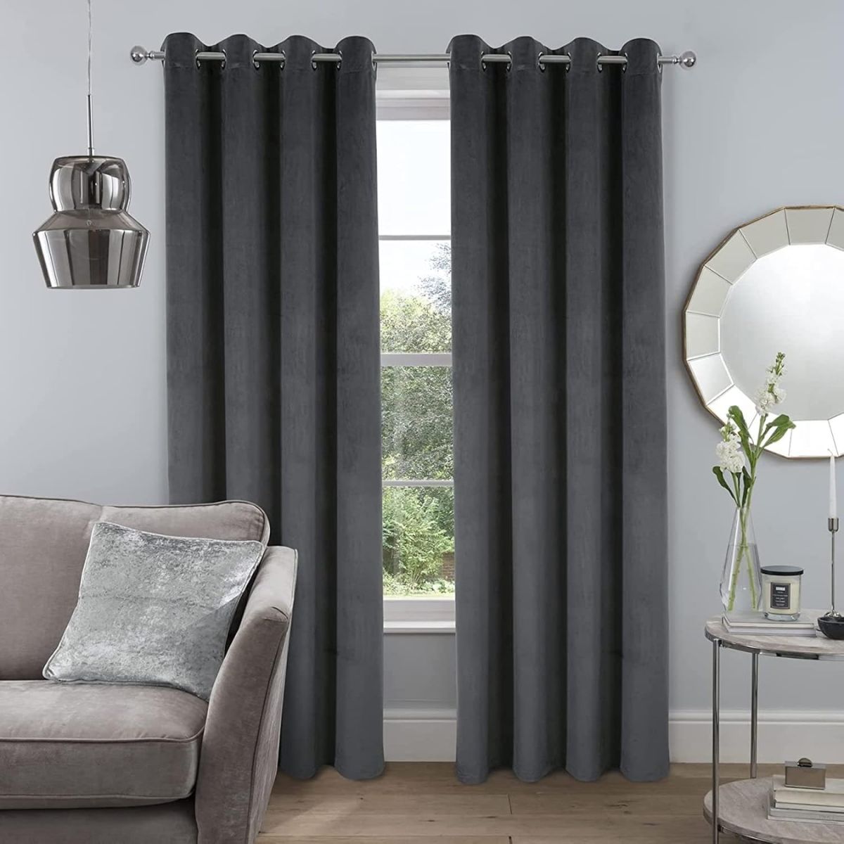 Paños de cortinas gris oscuro con argollas (1 panel) Cortinas de tela con anillos.