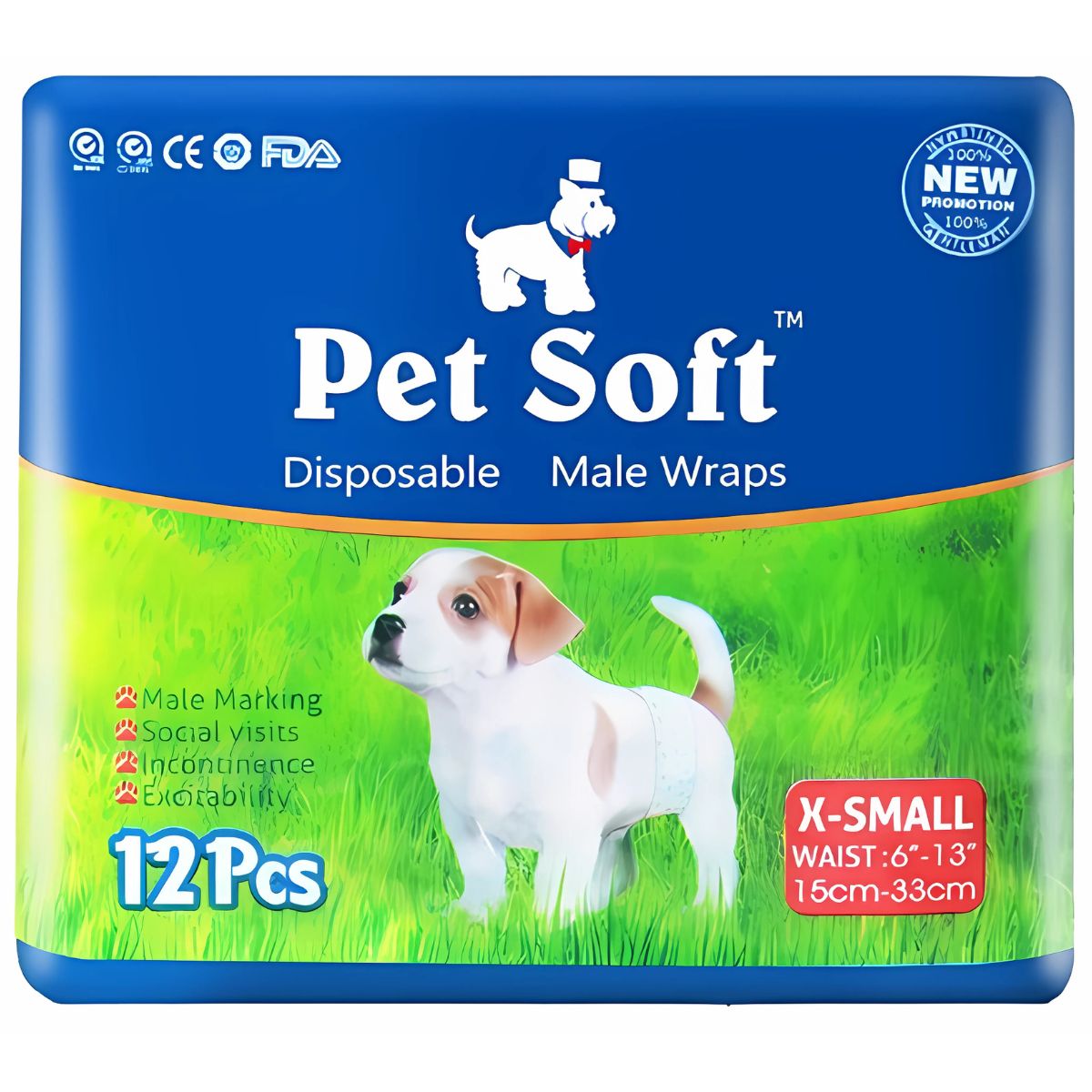 Pañales desechables para perros machos. Talla XS (15-33cm). Super absorbente. (Pack de 12 unidades)
