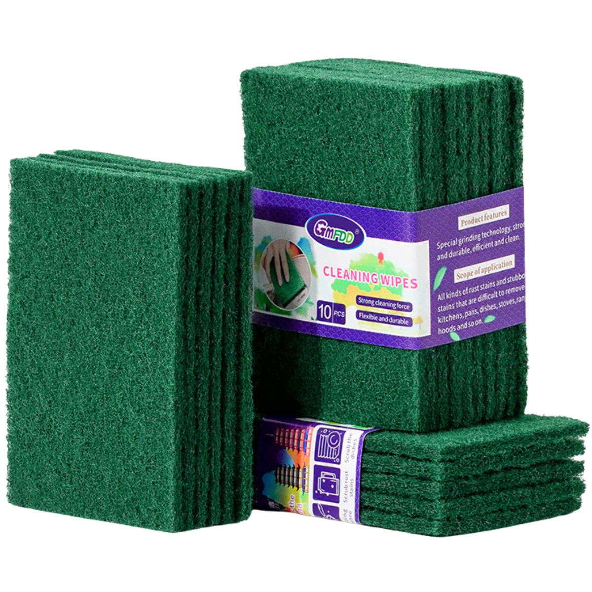 Pad de satinar Esponja para fregar verde (Pack de 5 unidades). Multiusos. 15 × 10 × 0.7 cm