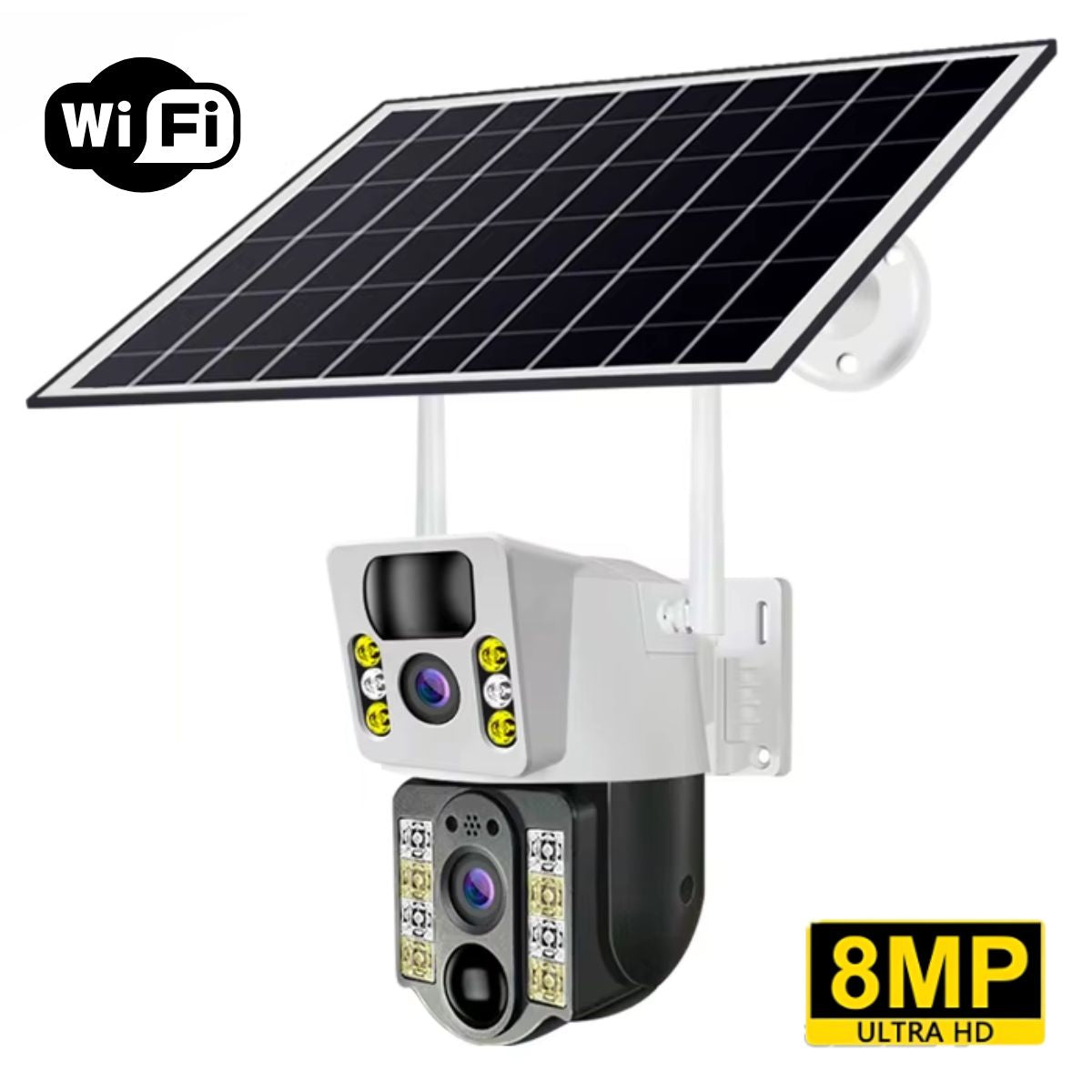 Cámara De Seguridad Solar Con Wifi. Lentes duales 8MP. Resistente al agua. Videocámara de seguridad con panel solar.