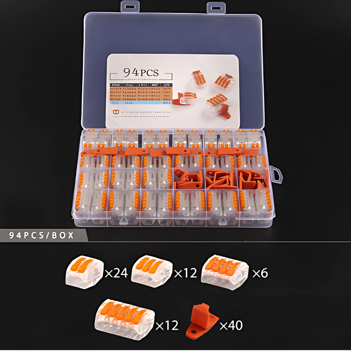 Terminales Empalme de conexión rápida para cables eléctricos. Conectores De palanca. Kit juego de 94pcs. Lever-Nut. (surtidos)
