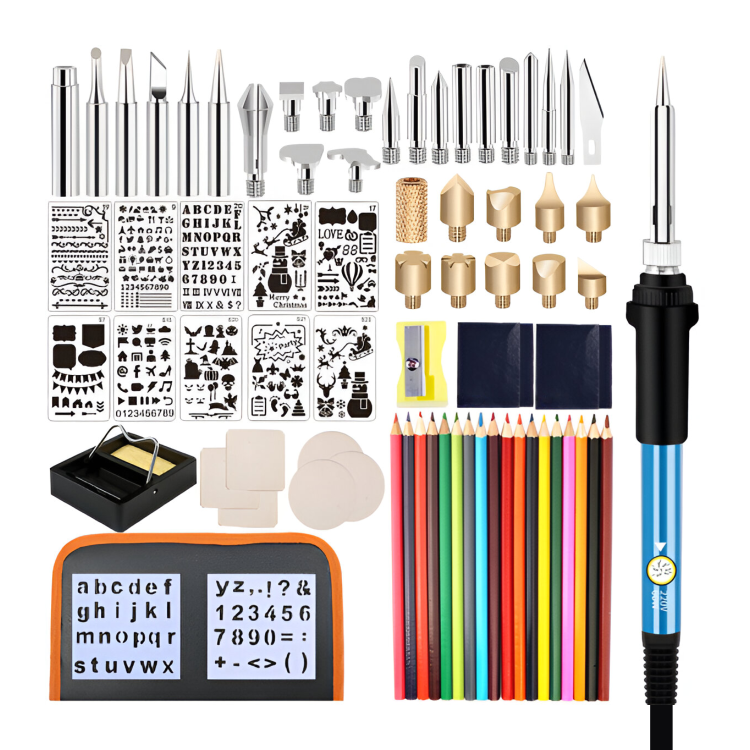 Pirografo para grabar, tallar y soldar sobre madera. (Set de 82 pcs)