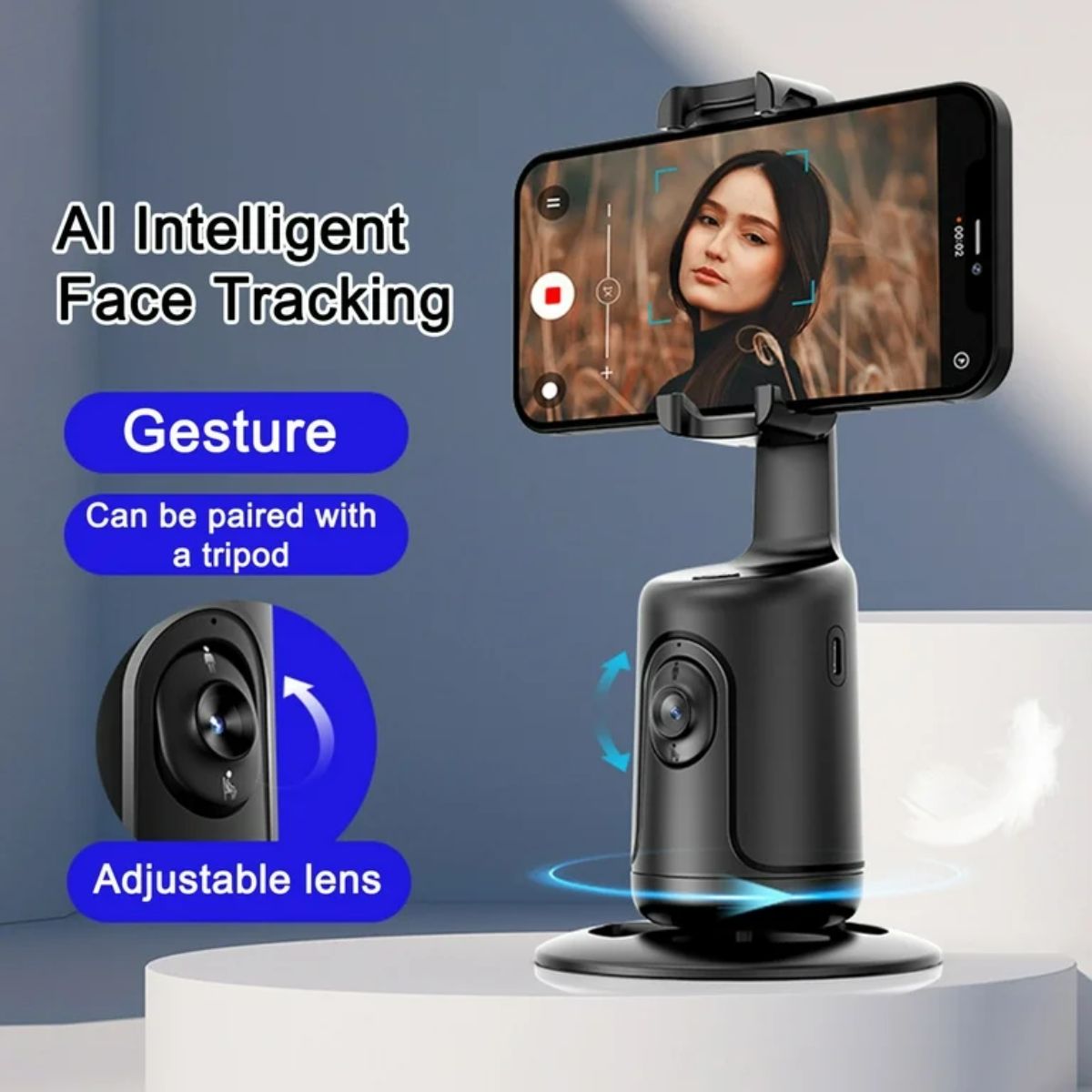 Trípode Inteligente para Celular con Seguimiento 360° y Reconocimiento de Gestos – Soporte Automático para Streaming y videollamadas.