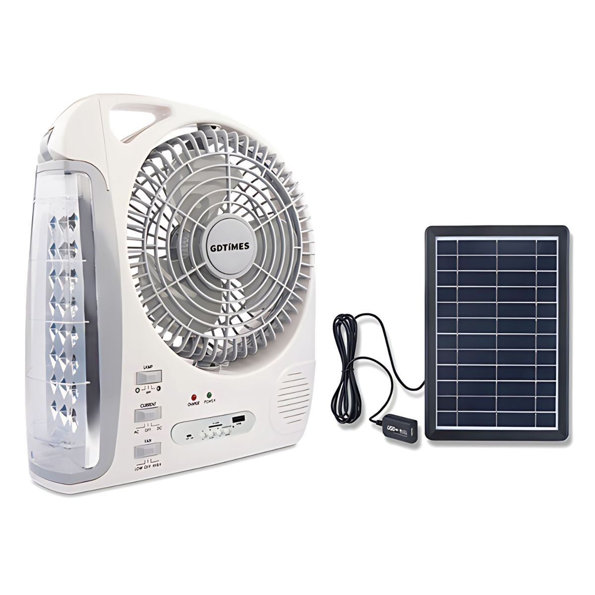 Abanico Solar Portátil 8". Ventilador Recargable Con Panel Solar. Con Luz LED y bocina integrada.