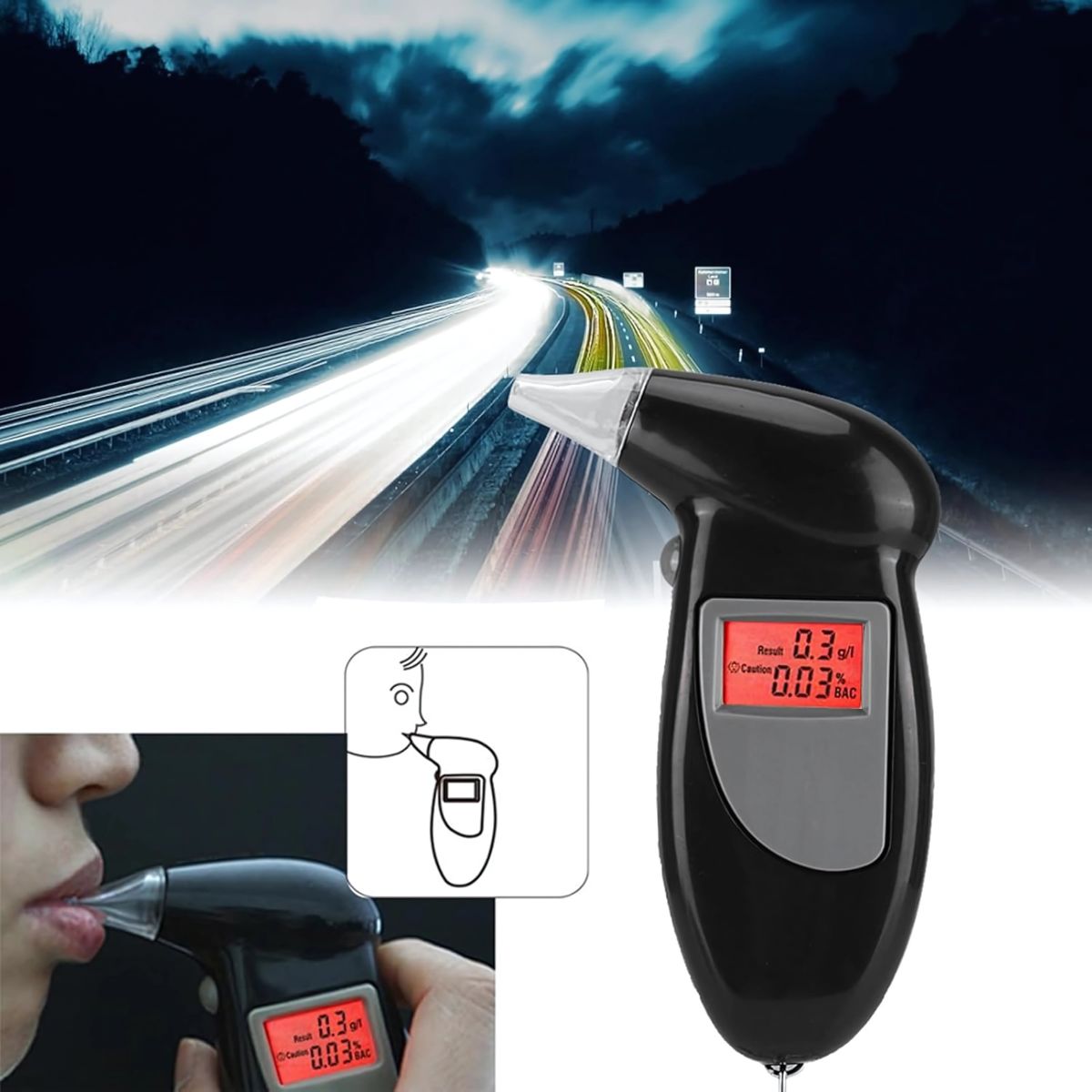 Alcoholímetro Digital Portátil con Pantalla LCD y Alarma de Ebriedad. Medidor de Alcohol con 5 boquillas. Guarometro Warometro.
