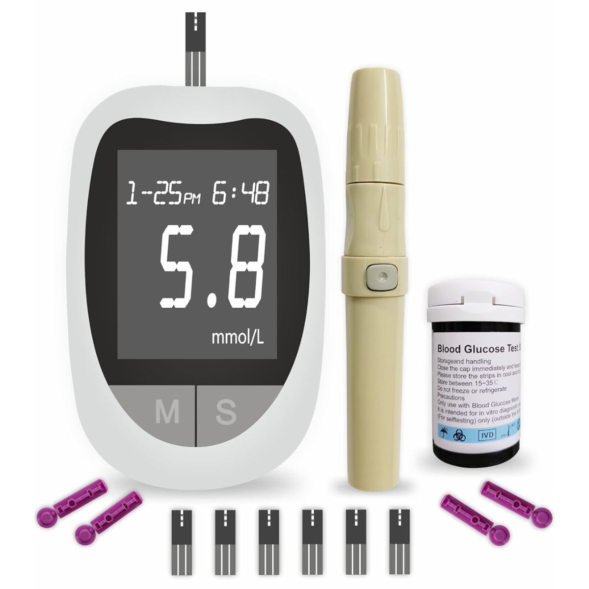 Medidor de Glucosa glucómetro KH-100. Kit Completo con 50 Tiras y 50 Lancetas.