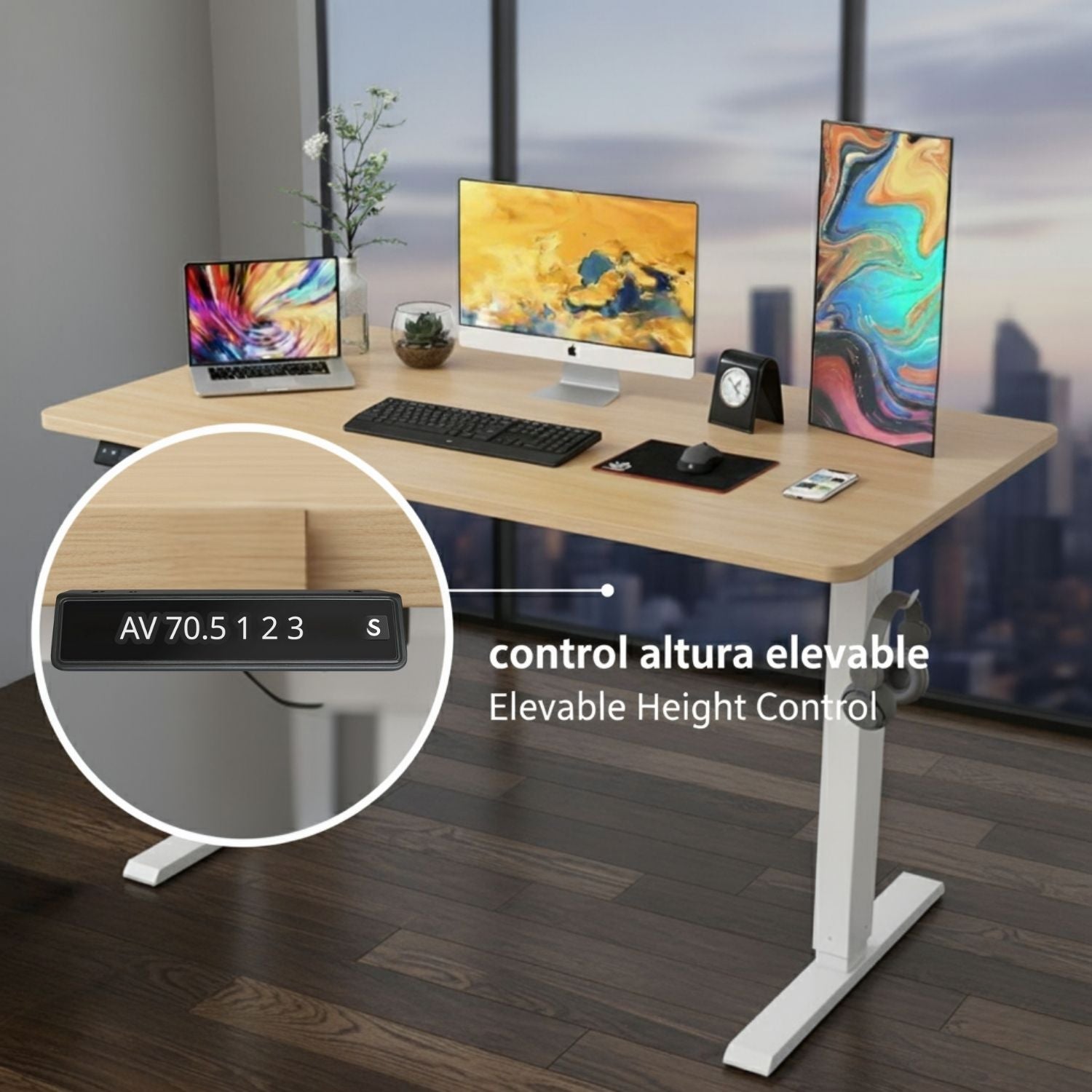 Mesa de pie ergonómica ajustable en altura 1200*600*15mm Blanco Marrón con memoria y accesorios. Escritorio eléctrico