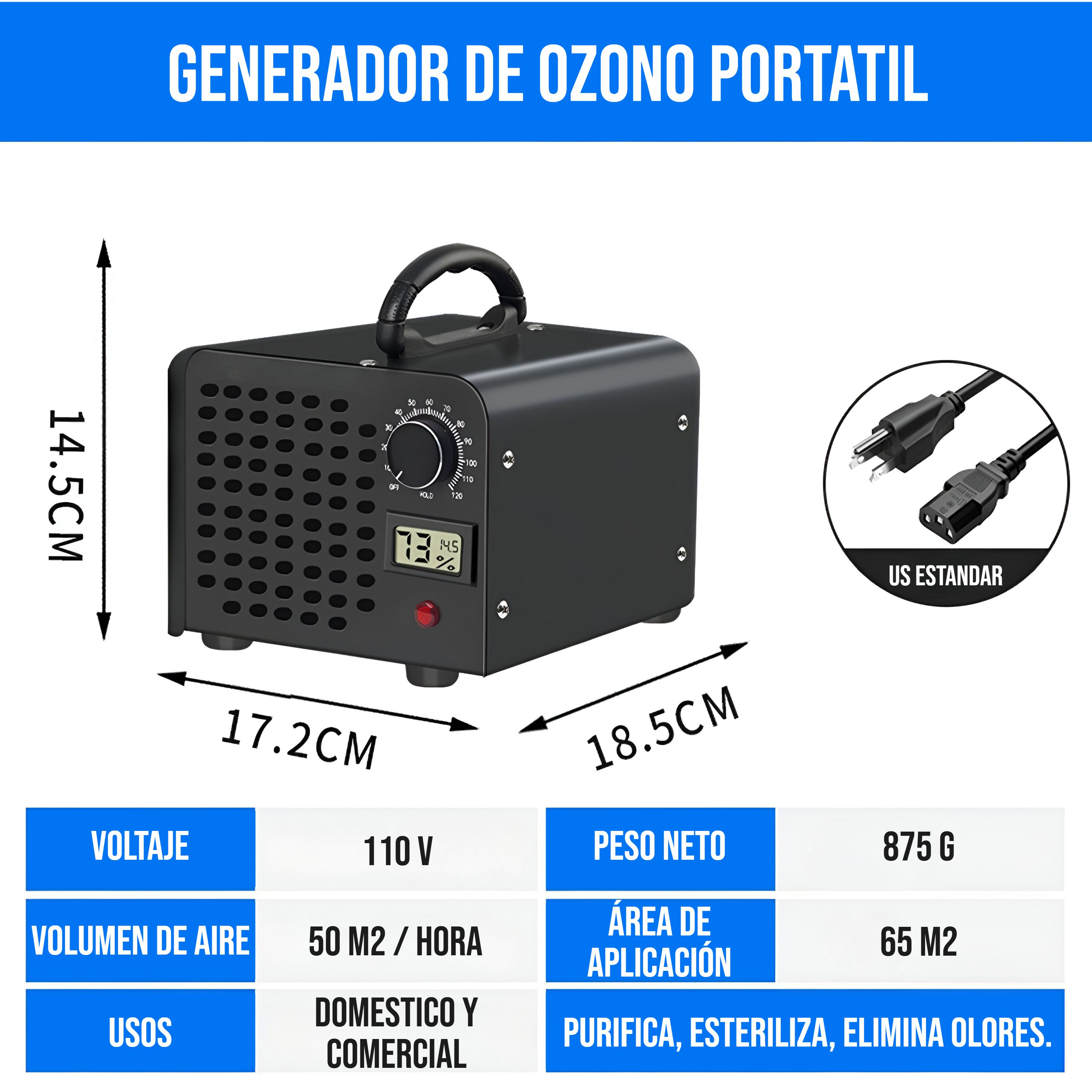 Generador de Ozono, Purificador de aire, esterilizador. 110V. Portatil. Eliminador de Olores.