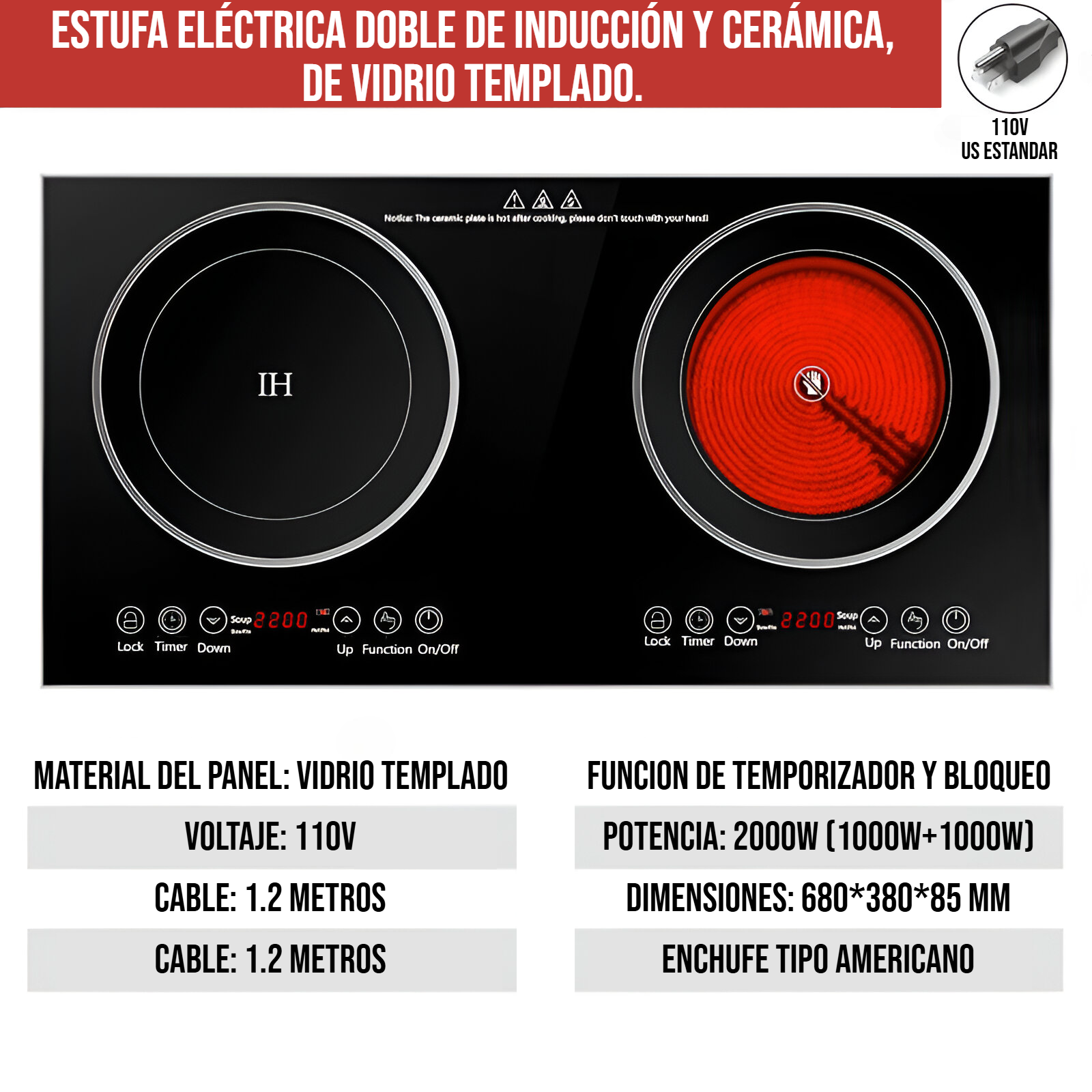 Estufa eléctrica doble de inducción y cerámica, 110V Negra vidrio templado.