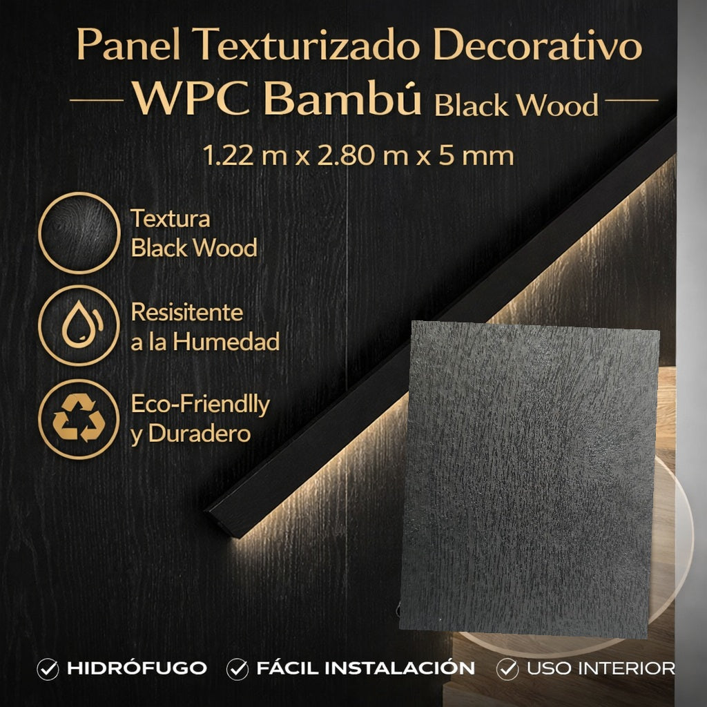 Panel Decorativo WPC Bambú Black wood 1.22×2.80 m x 5 mm | Revestimiento Interior Hidrófugo Premium