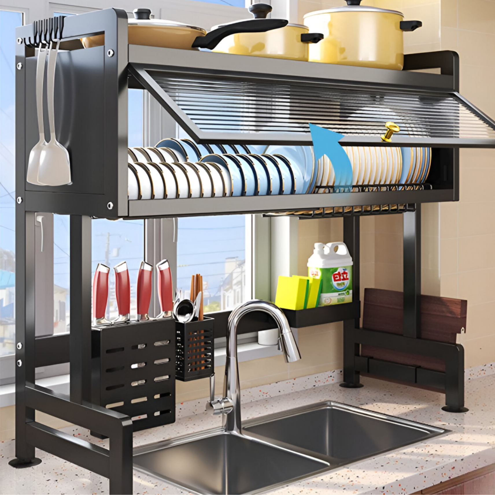Escurridor Organizador de Platos para fregador. Color Negro. secar platos
