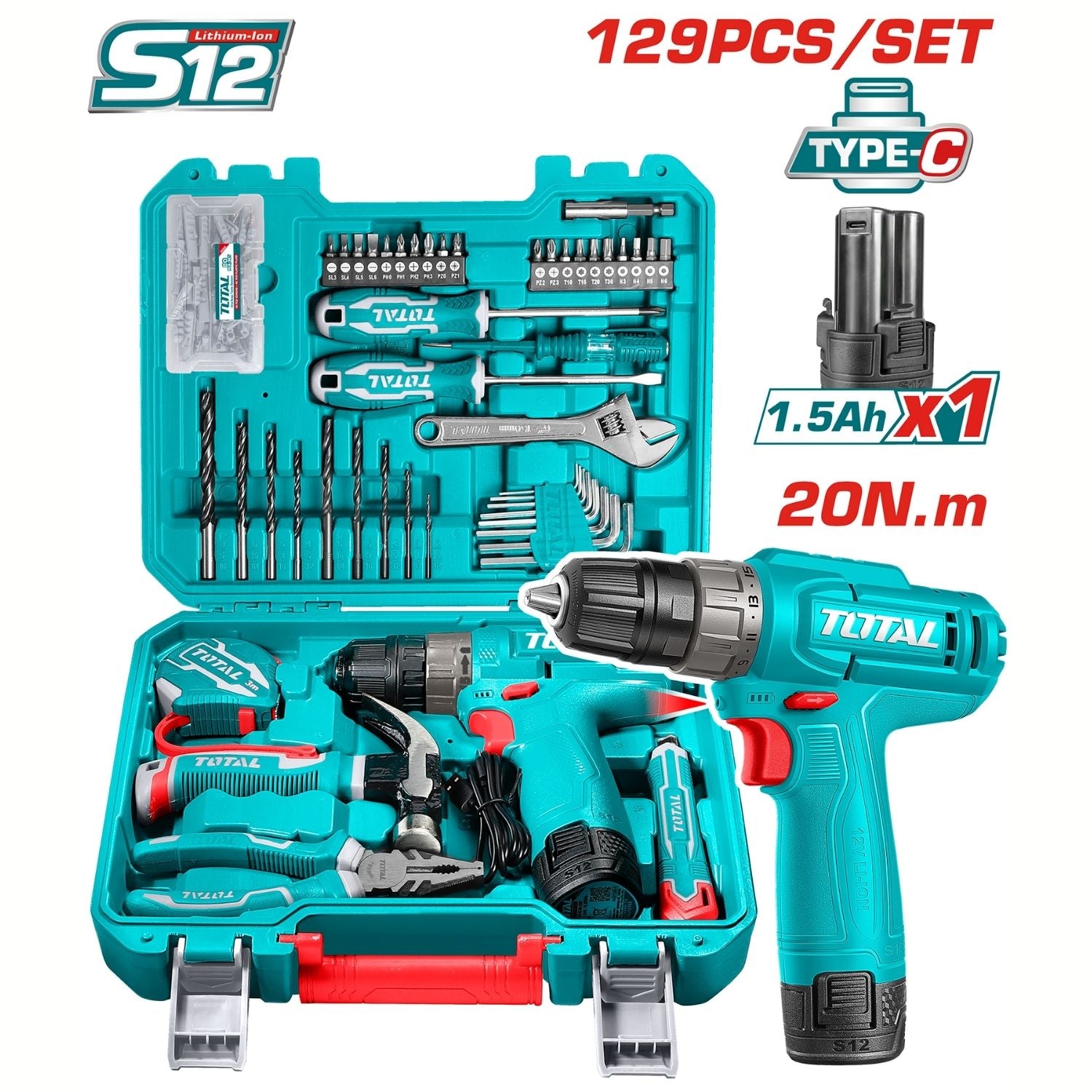 Taladro Inalámbrico 12V 20Nm Carga USB tipo C con Set de Herramientas 129 piezas. Incluye batería y accesorios.