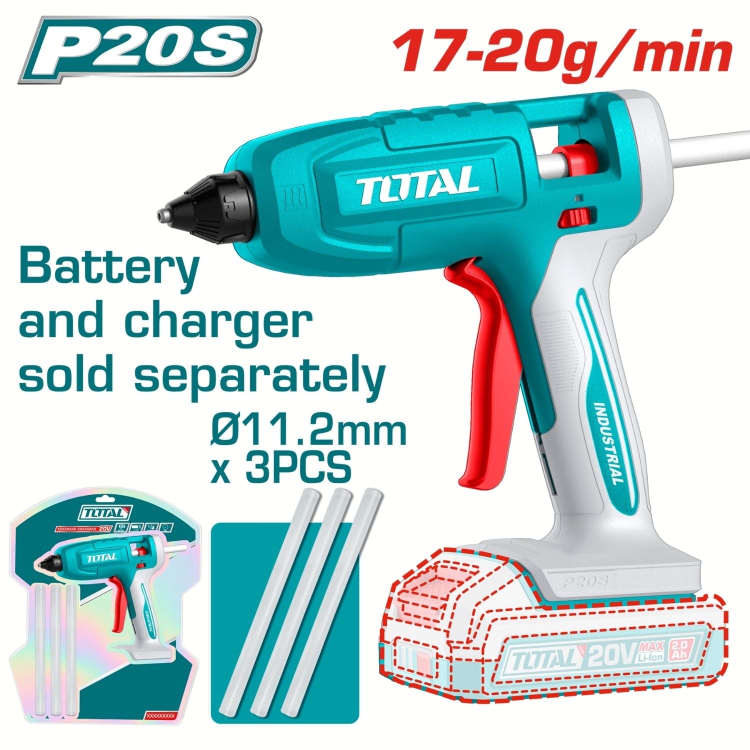 Pistola de silicon a bateria 20V. No incluye bateria ni cargador se vende por separado