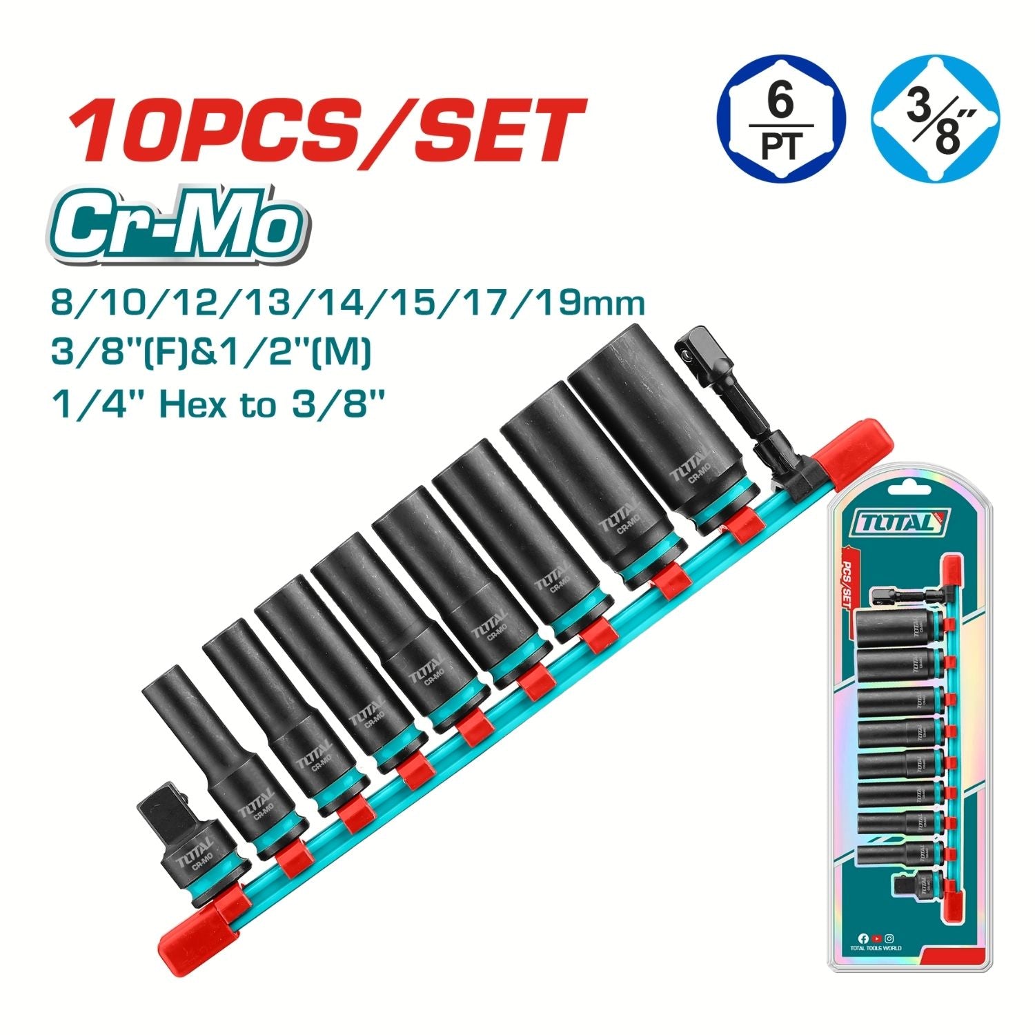 Dados Socket de impacto 3/8″ 8-19mm. Cr-Mo. Tratamiento térmico. Set de 10 piezas.