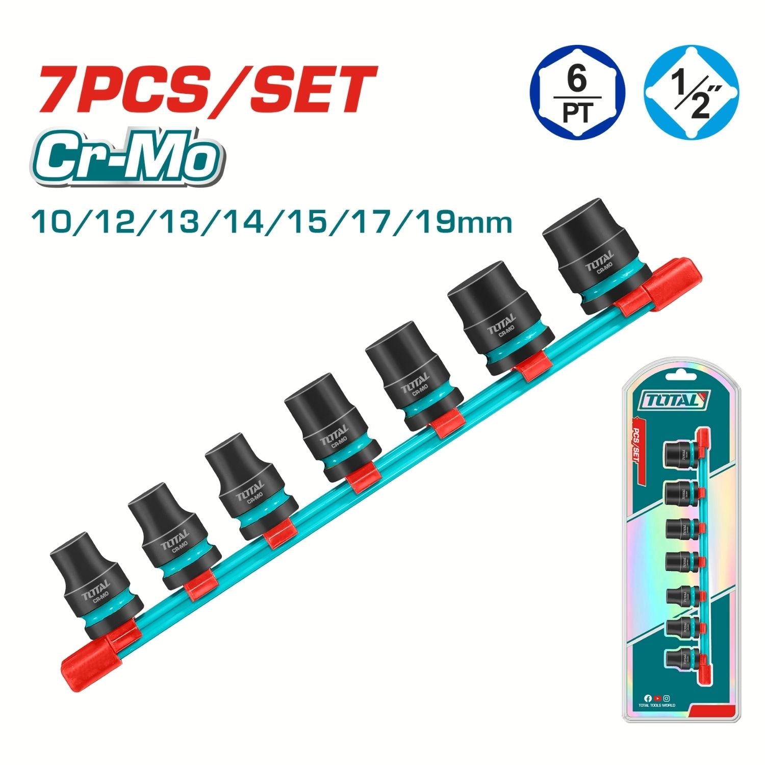 Dados Socket de impacto 1/2″ Set de 7 piezas. Cr-Mo Tamaños 10-19mm