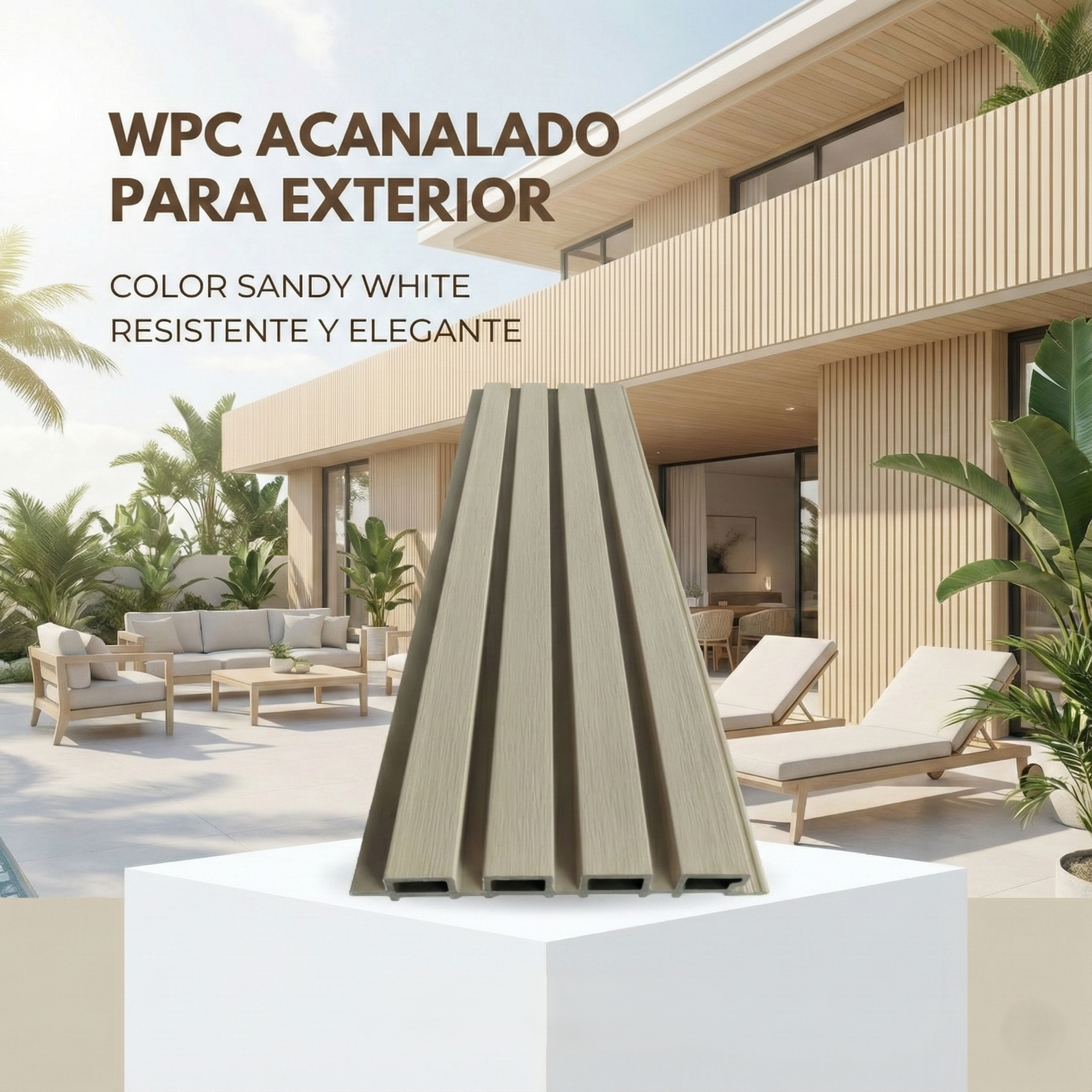 Panel Acanalado WPC para Exteriores color Arena blanca 26×219×2900 mm Lámina Decorativa Tipo Madera Resistente UV e Intemperie