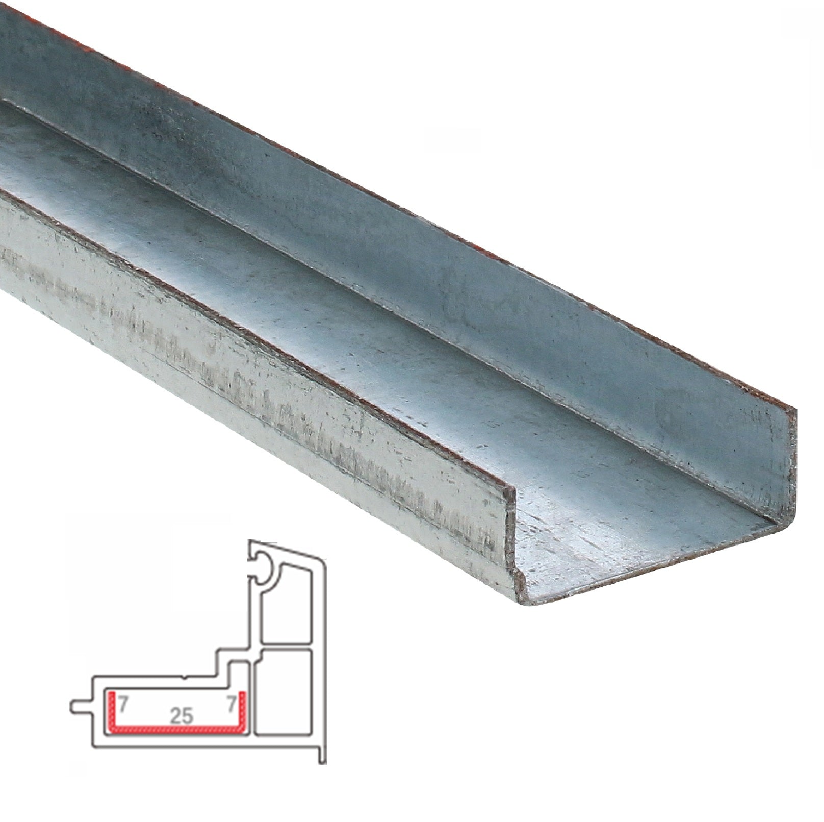 Refuerzo de Acero 1.2mm Perfil "U" 7×25×7mm para Perfil Inversor HAT005 Serie abatible UPView 60mm 5.9m