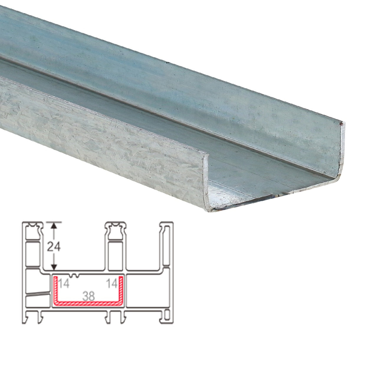 Refuerzo de Acero 1.2mm Perfil "U" 14×38×14mm para Marco perimetral HAT011 Serie Corredera Carbone UPView 80mm 5.9m