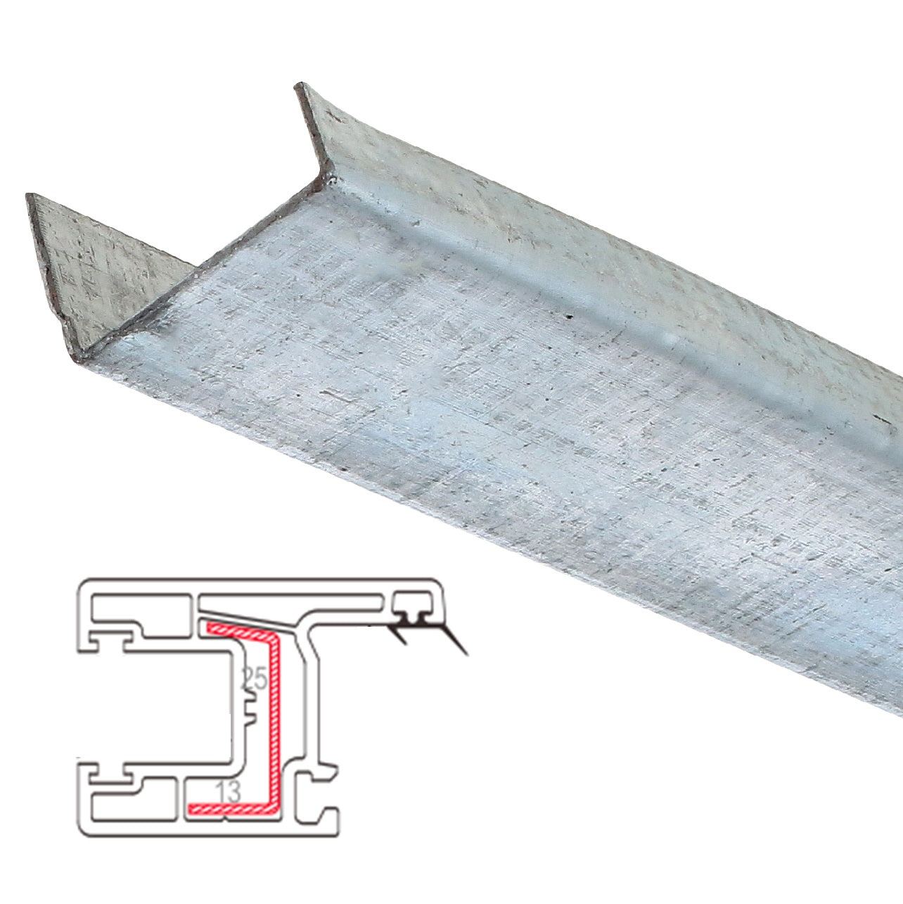 Refuerzo de Acero 1.2mm Perfil "U" 14×38×14mm para Hoja ventana corredera HAT012 Serie Corredera Carbone UPView 80mm 5.9m