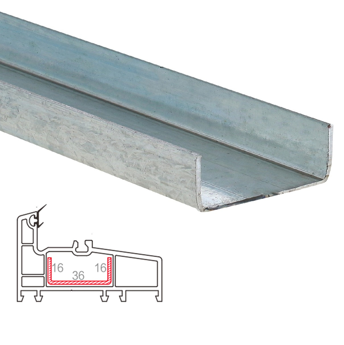 Refuerzo de Acero 1.2mm Perfil "U" 16×36×16mm para Marco Fijo HAT017 Serie Corredera Carbone UPView 80mm 5.9m