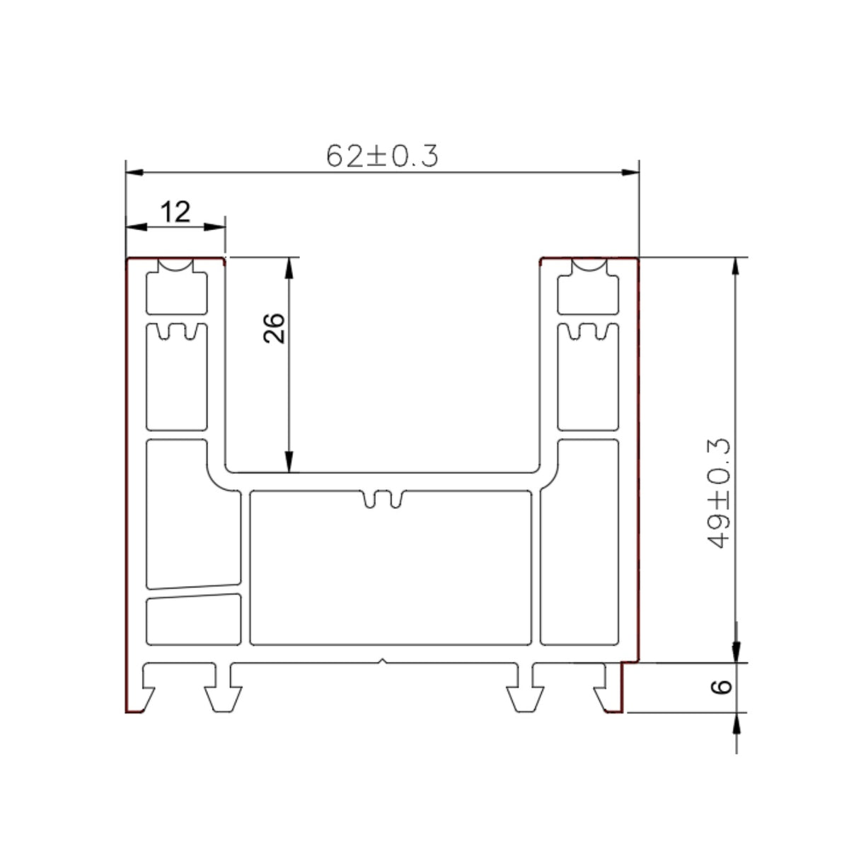 Perfil UPVC Marco perimetral Puerta Ventana corredera 60mm Serie UPView Carbone Espesor 2.5mm Largo 5.85m Color Negro Microtexturizado