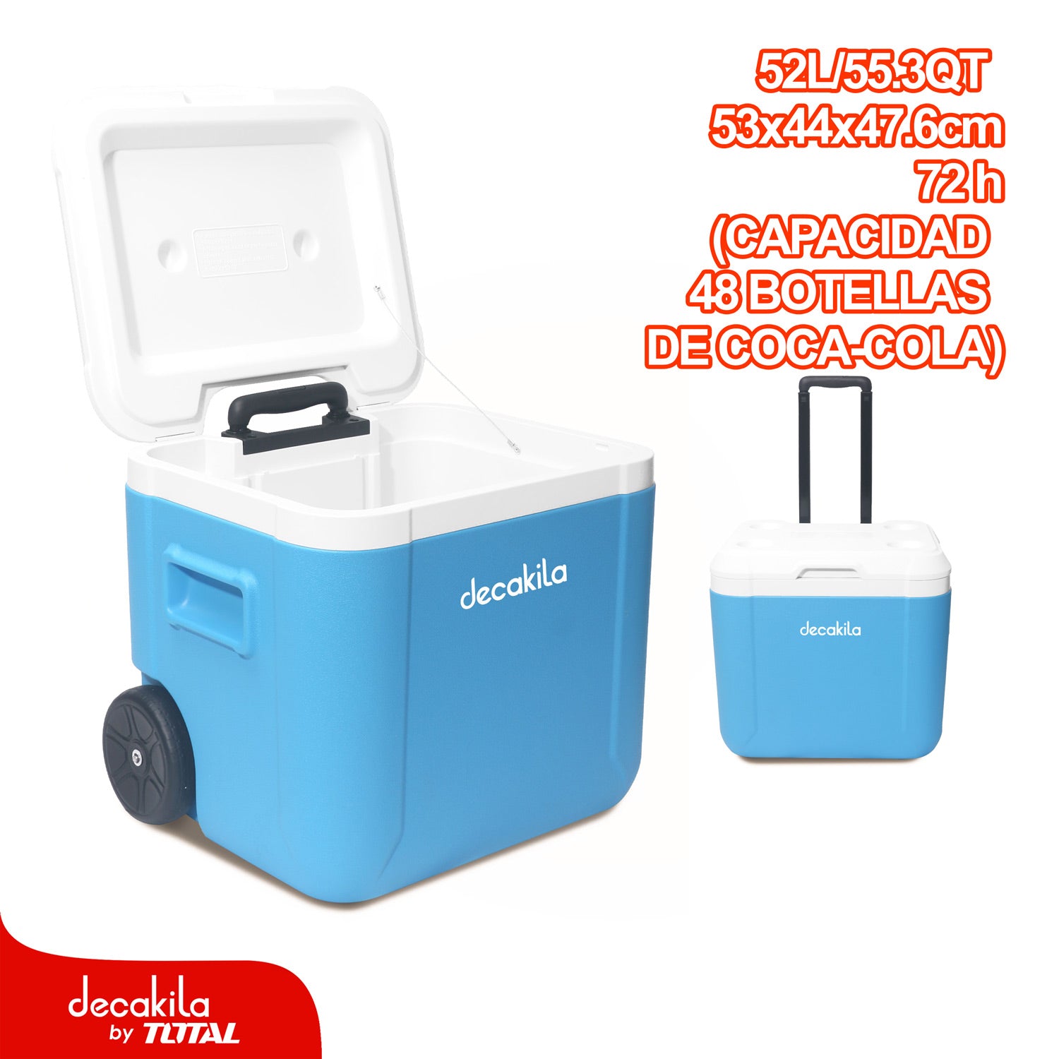 Cooler Portátil con rueditas 52L/55QT Tiempo en frío: 72hrs. 53 x 44 x 47.6 cm, Ideal para 48 botellas de Coca-Cola de 550 ml Hielera.