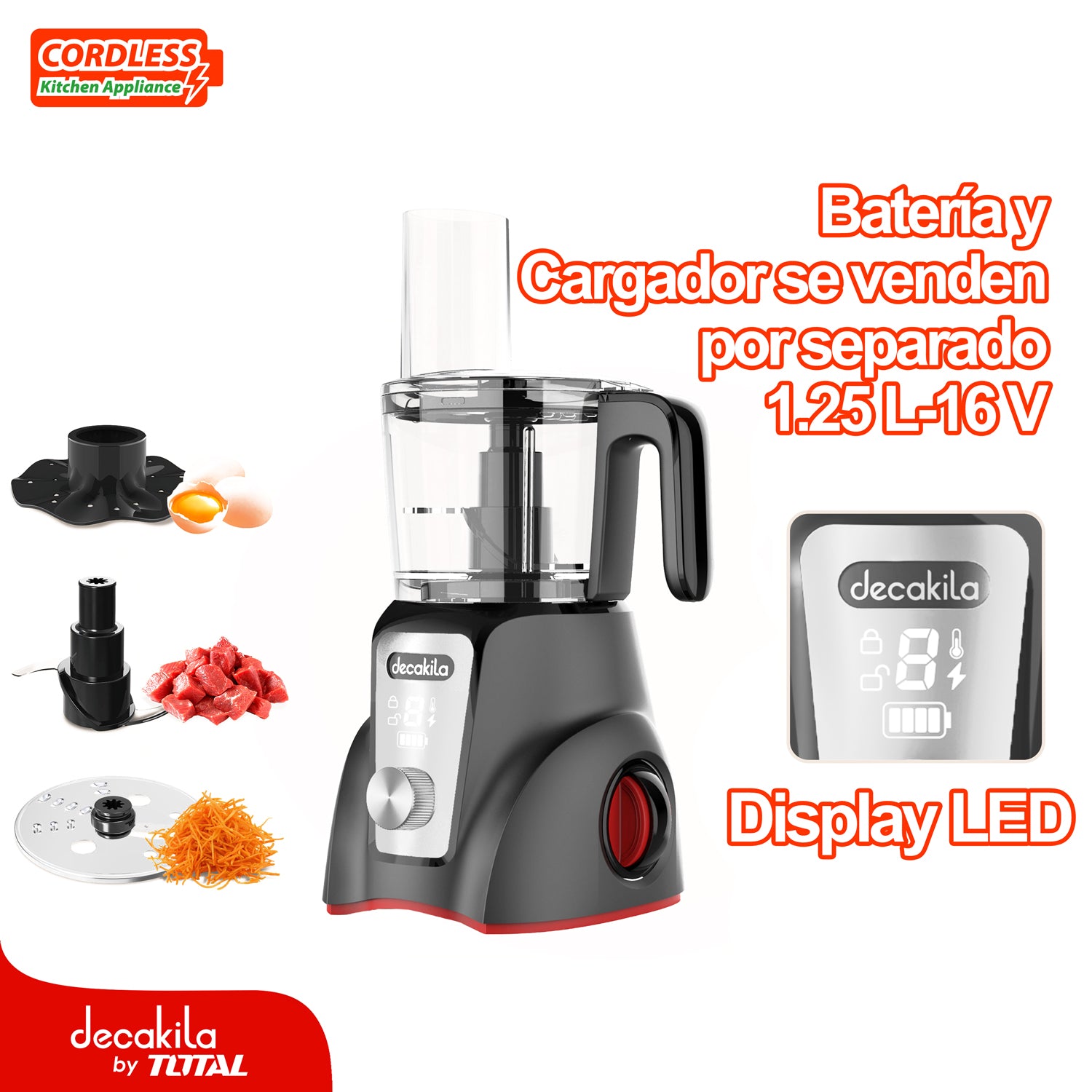 Procesador de alimentos inalámbrico gris 250W 1.25L Pica, rebana y corta. Incluye Batería y Cargador.