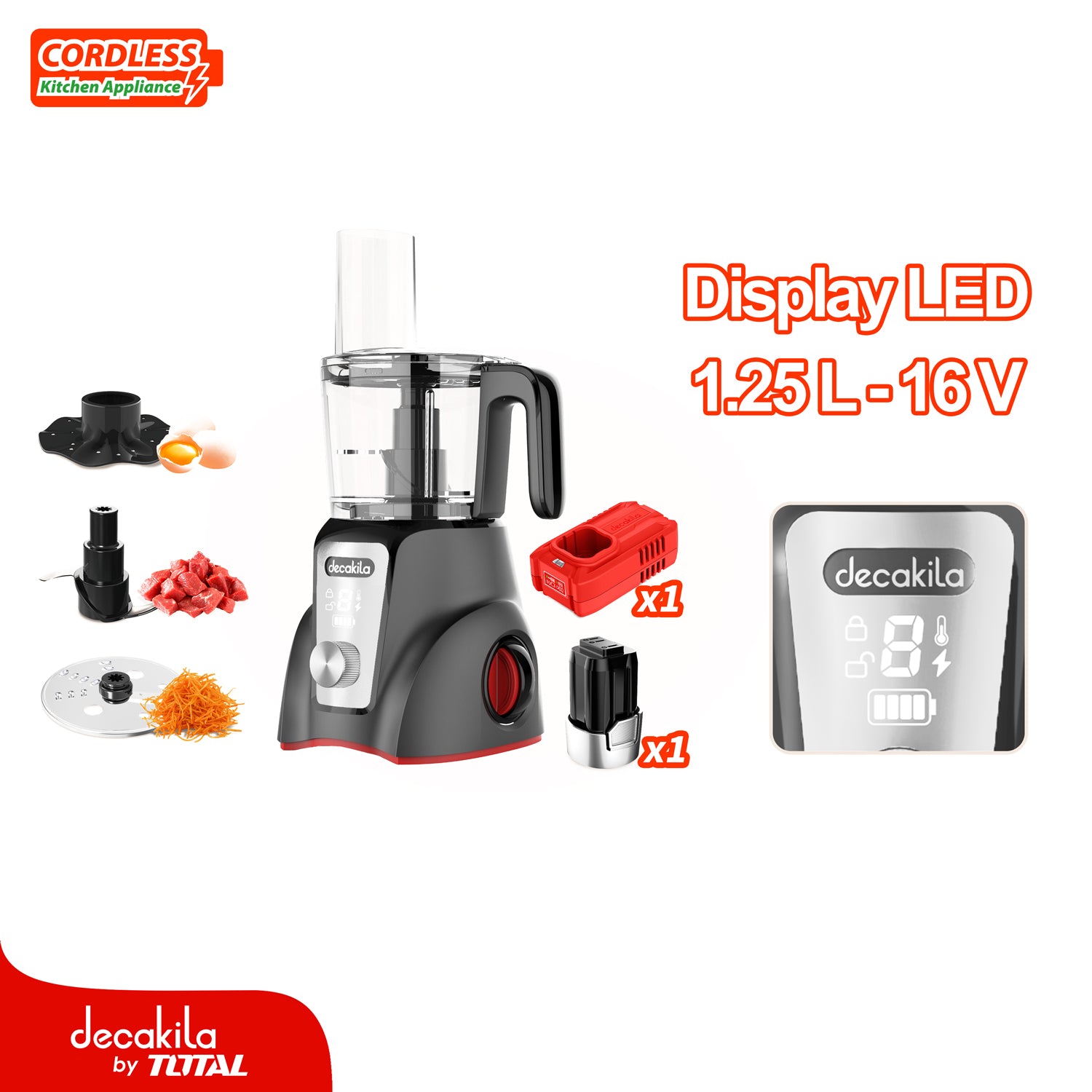 Procesador de alimentos inalámbrico gris 250W 1.25L Pica, rebana y corta. Incluye Batería y Cargador.
