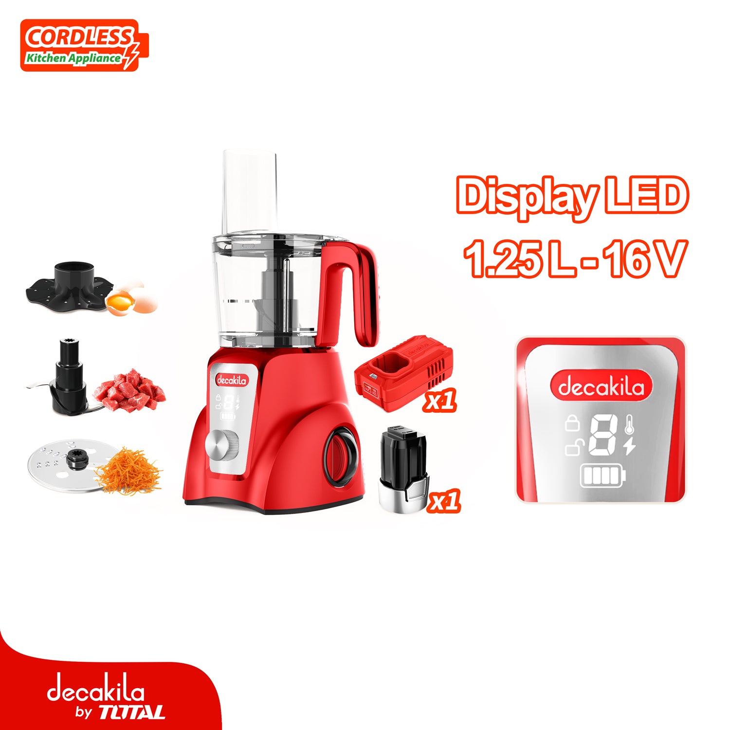 Procesador de alimentos inalámbrico rojo 250W 1.25L Pica, rebana y corta. Incluye Batería y Cargador.