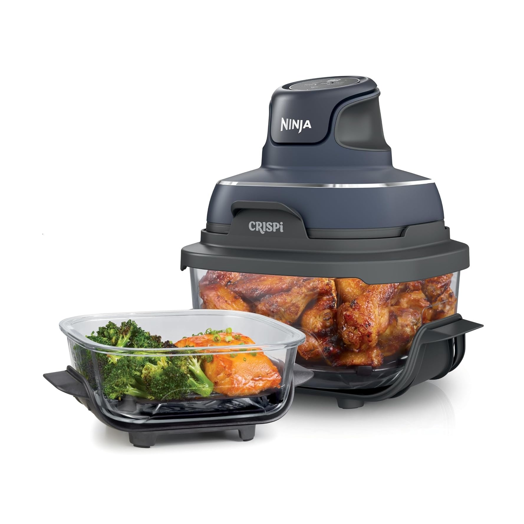Freidora De Aire transparente Crispi Ninja 4 en 1. Air fryer portátil de vidrio, 2 recipientes de 5.7 y 1.41 L.