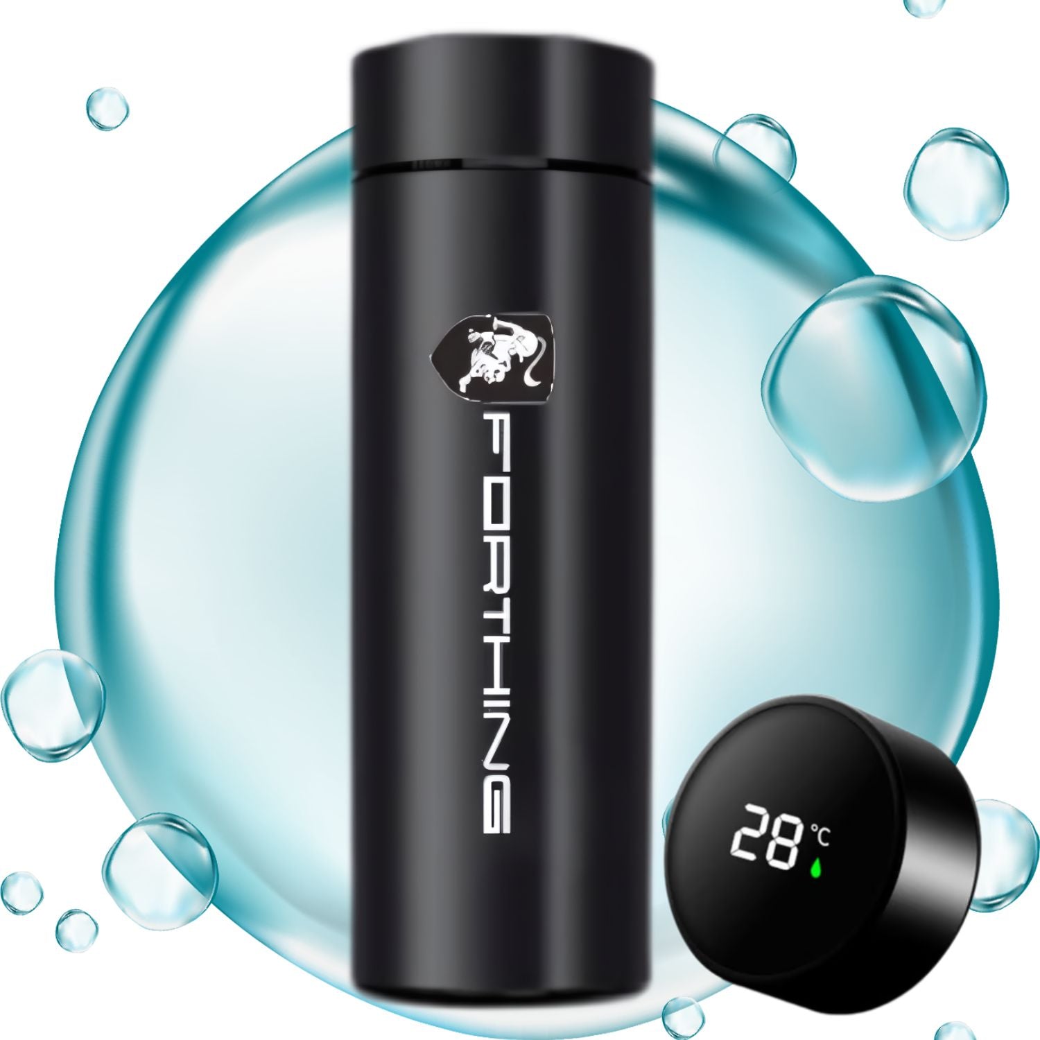 Termo inteligente con indicador de temperatura. Botella de agua Forthing.