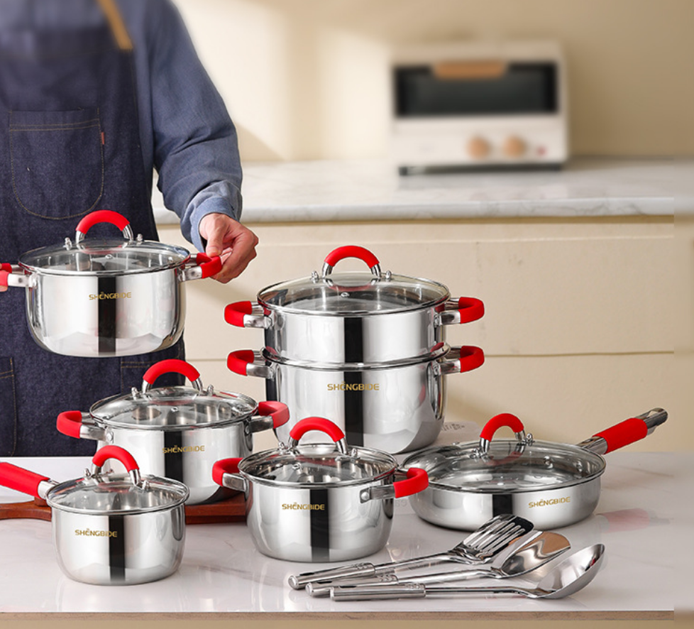 Ollas y sartenes De acero inoxidable juego 16 piezas incluye cucharones y espátulas para cocinar 100% libre de teflon