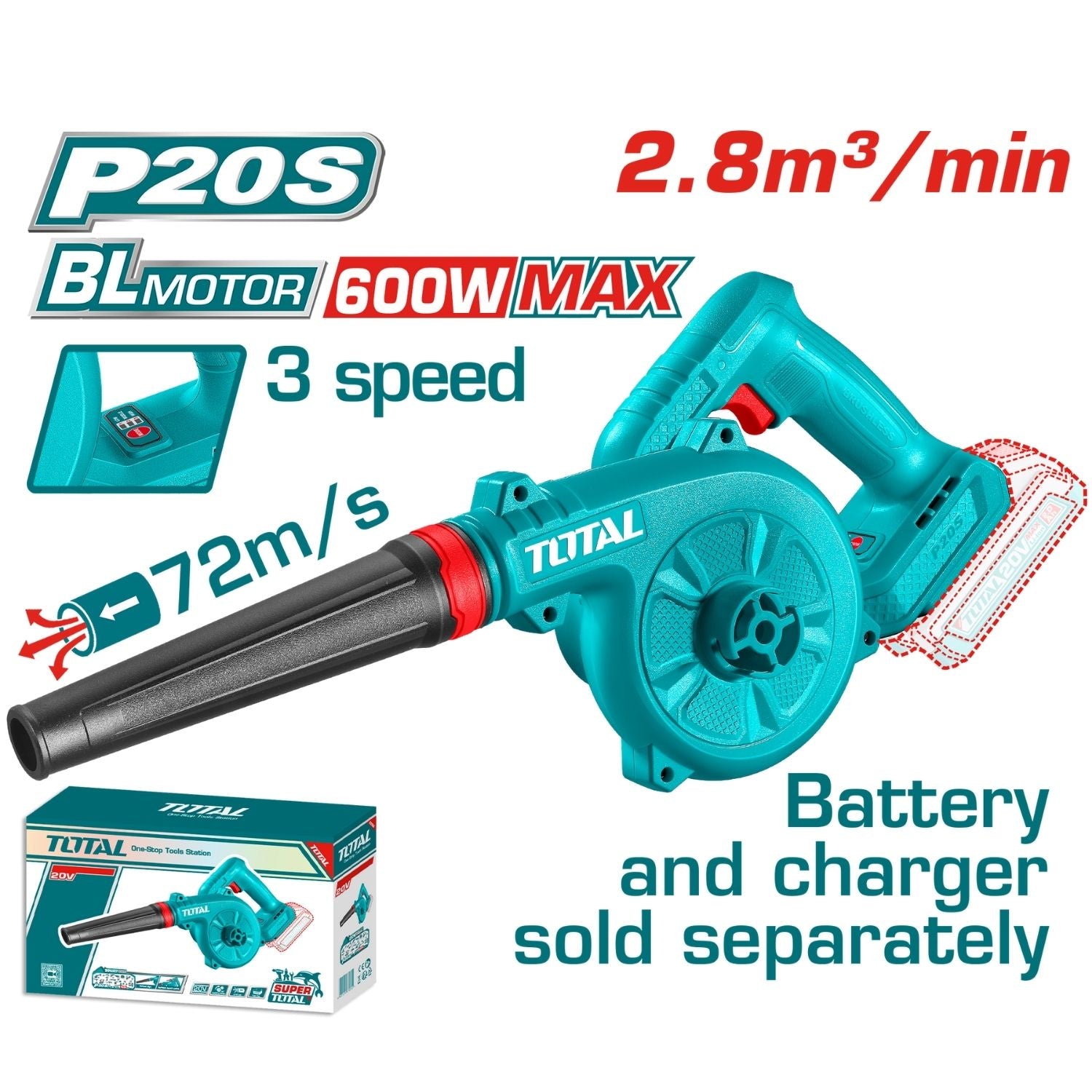 Soplador inalámbrico 20V 19500 rpm Motor sin escobillas. 3 velocidades. No incluye Batería Ni Cargador.