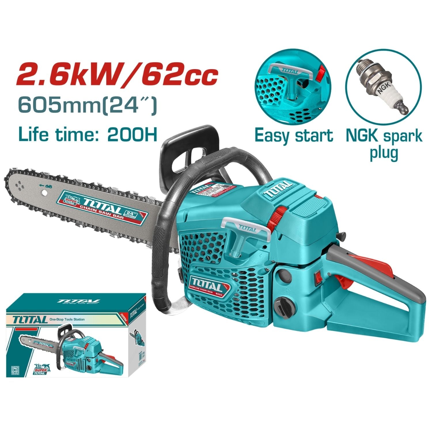 Motosierra 62 cc de 24". 2.6Kw Motor 2 Tiempos. Tanque gasolina 550 ml. Tanque aceite 260 ml.