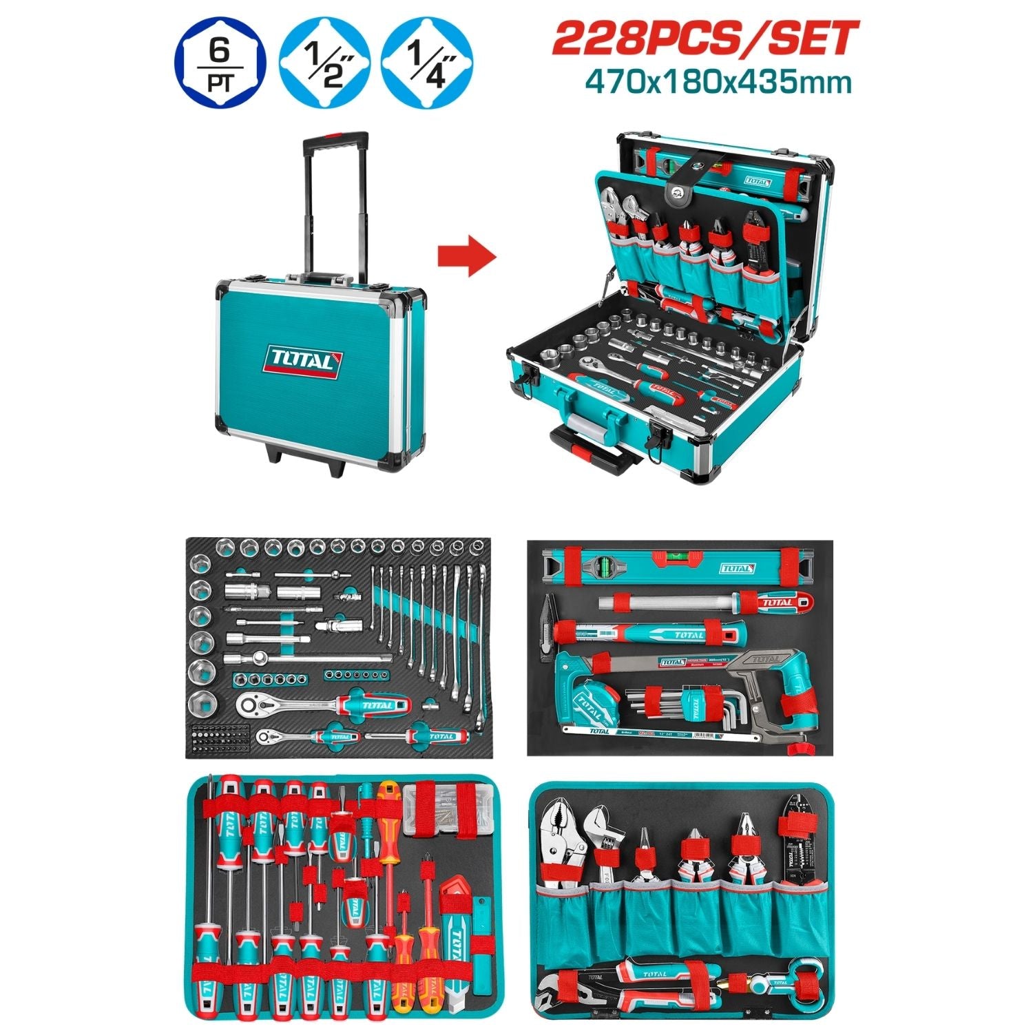 Herramientas manuales de 228 piezas en maletín de aluminio. Juego Kit
