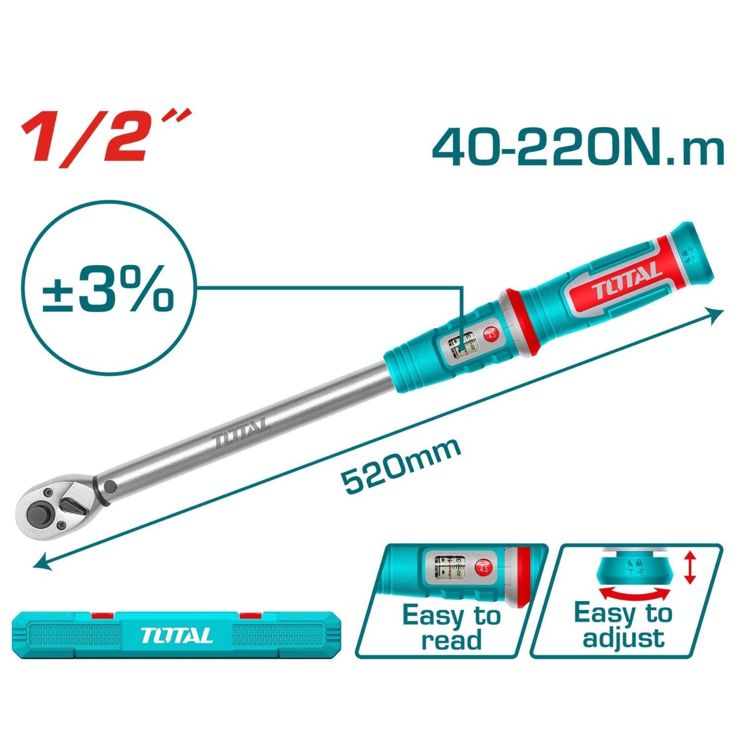 Torquímetro 1/2" 40–220 N·m. Cr-V. Liberación rápida. Long: 520mm. Tolerancia de torque: ±3%