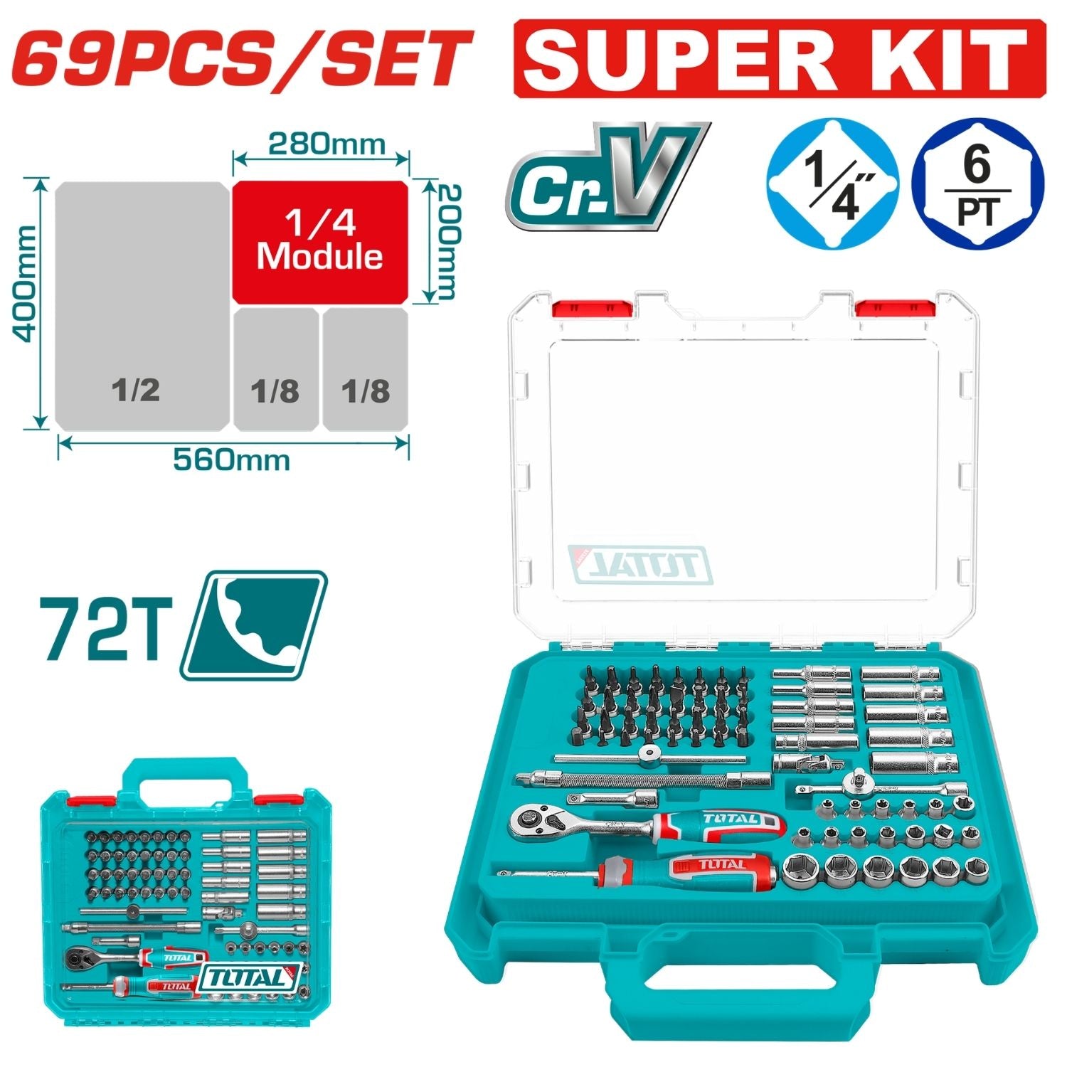 Dados Socket Ratchet ¼” y extensiones de 2" (50 mm) y 4" (100 mm) Cr-V 72T. Set 69 piezas variadas.