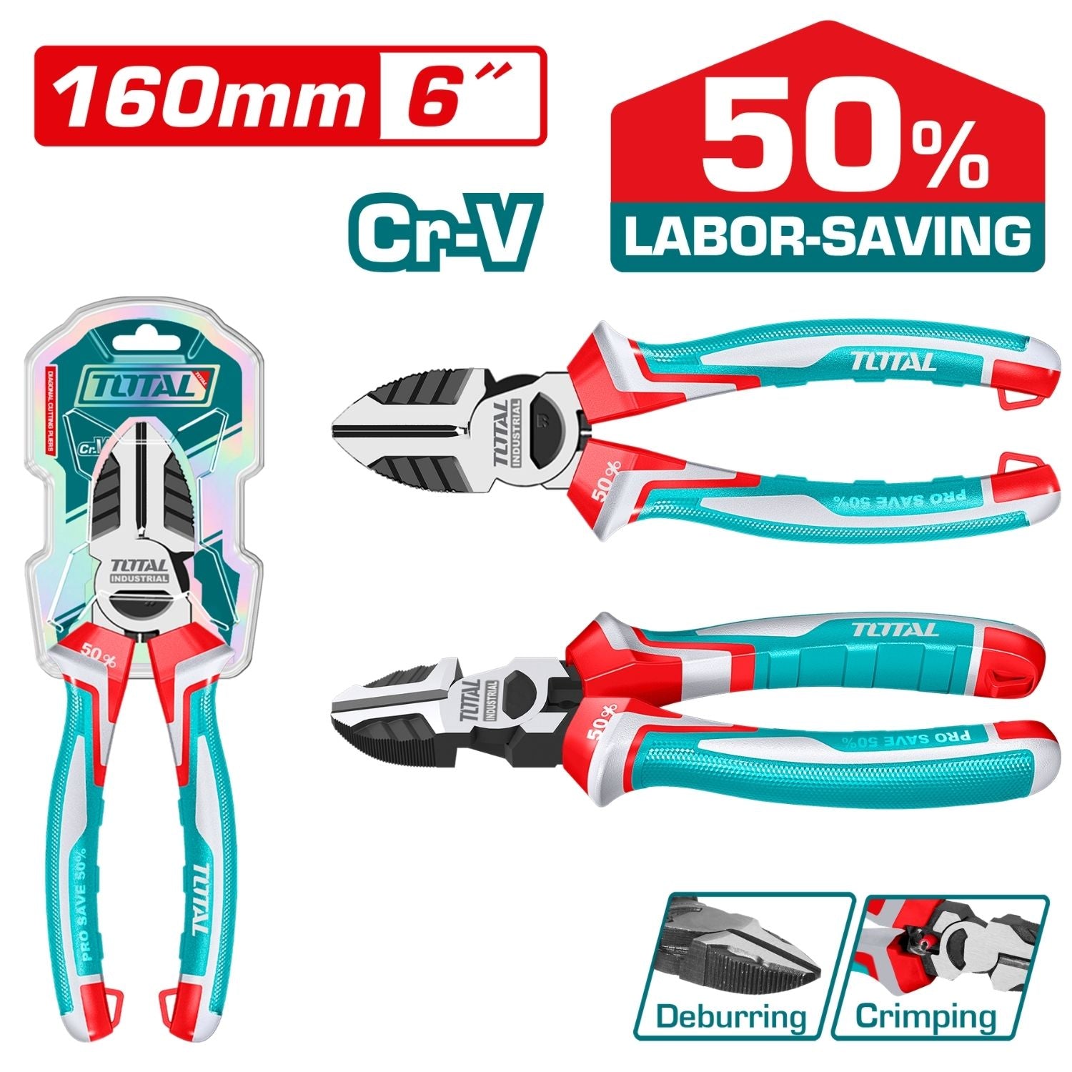 Alicate de corte diagonal de 6"/160mm Cr-V. Ahorra el 50% de la fuerza. Acabado negro pulido. Función crimpado.